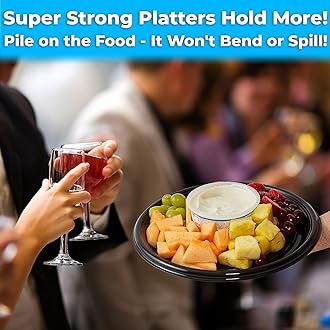 Avant Grub Heavy Duty, Recyclable 12 in. Serving Tray and Lid 3pk. Large, Black Plastic Party Platters with Clear Lids Dishware Plate, Elegant Round Banquet or Catering Trays for