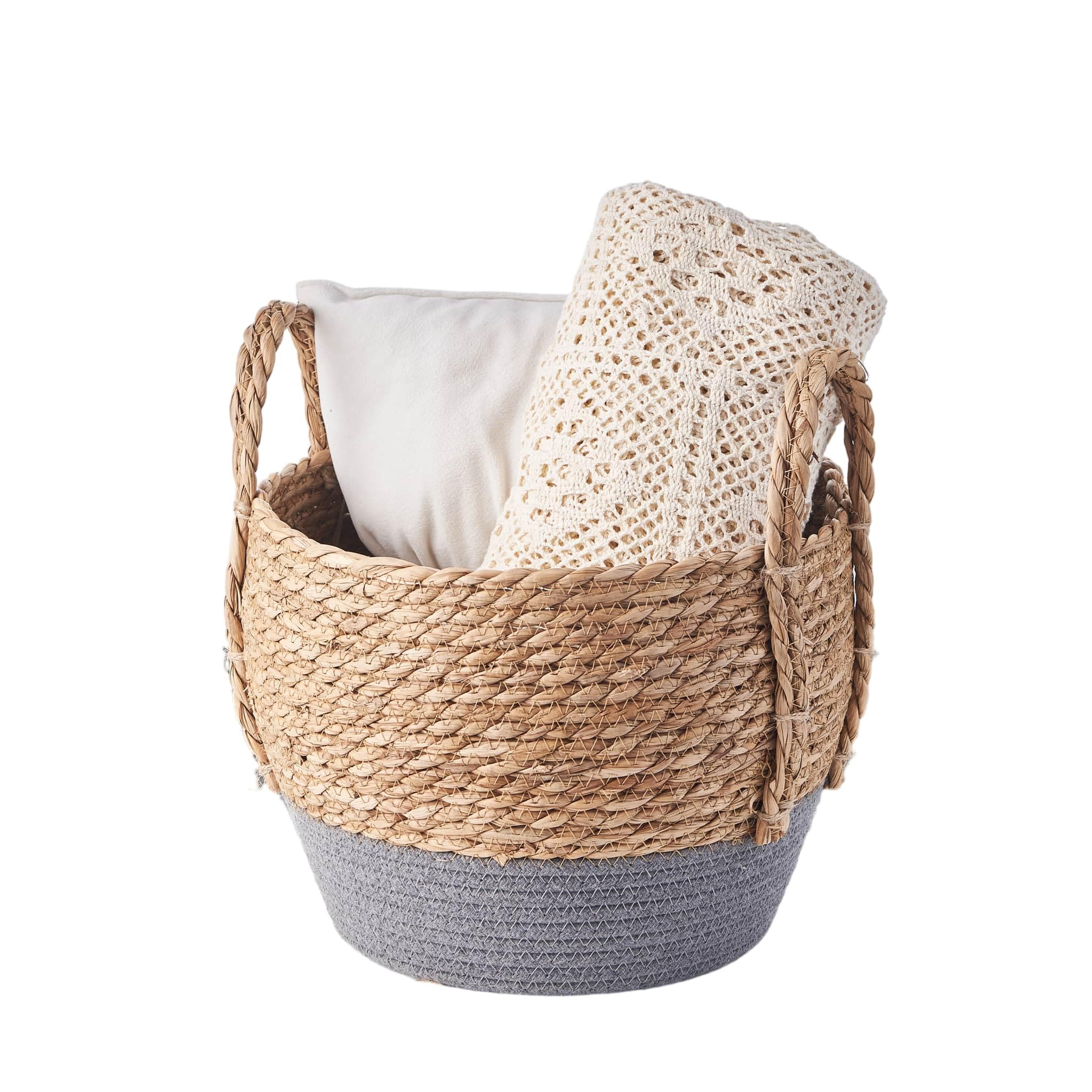 Eden & Willow Natural Straw Woven Plant Storage Basket, Home Organisation Hamper Basket with Handles (Grey, Medium)