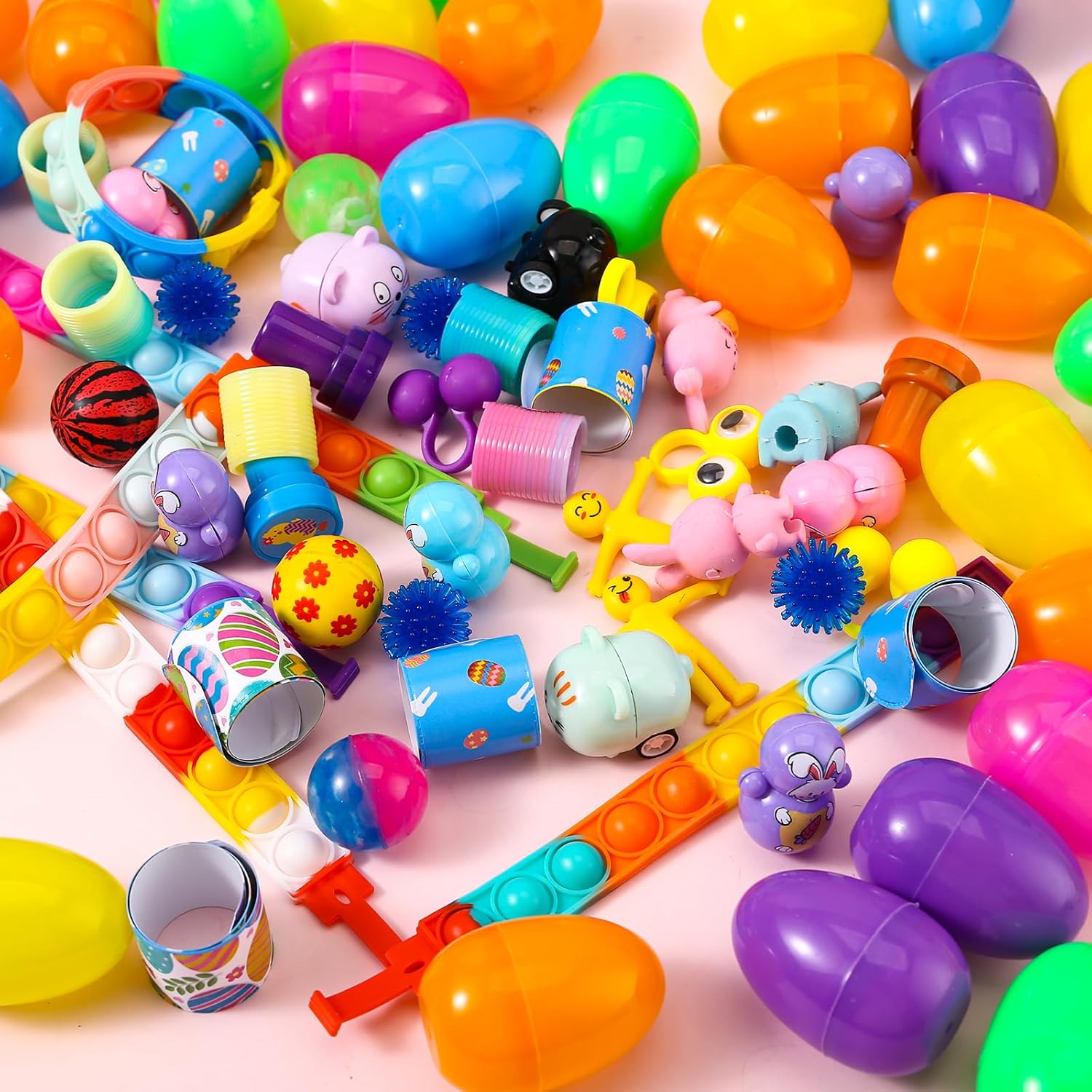 60PCS Prefilled Easter Eggs with Toys Inside, Easter Basket Eggs Filled Stuffers, Easters Theme Party Favors Fidget Hunting Assortment Toys, Treasure Box Party Supplies
