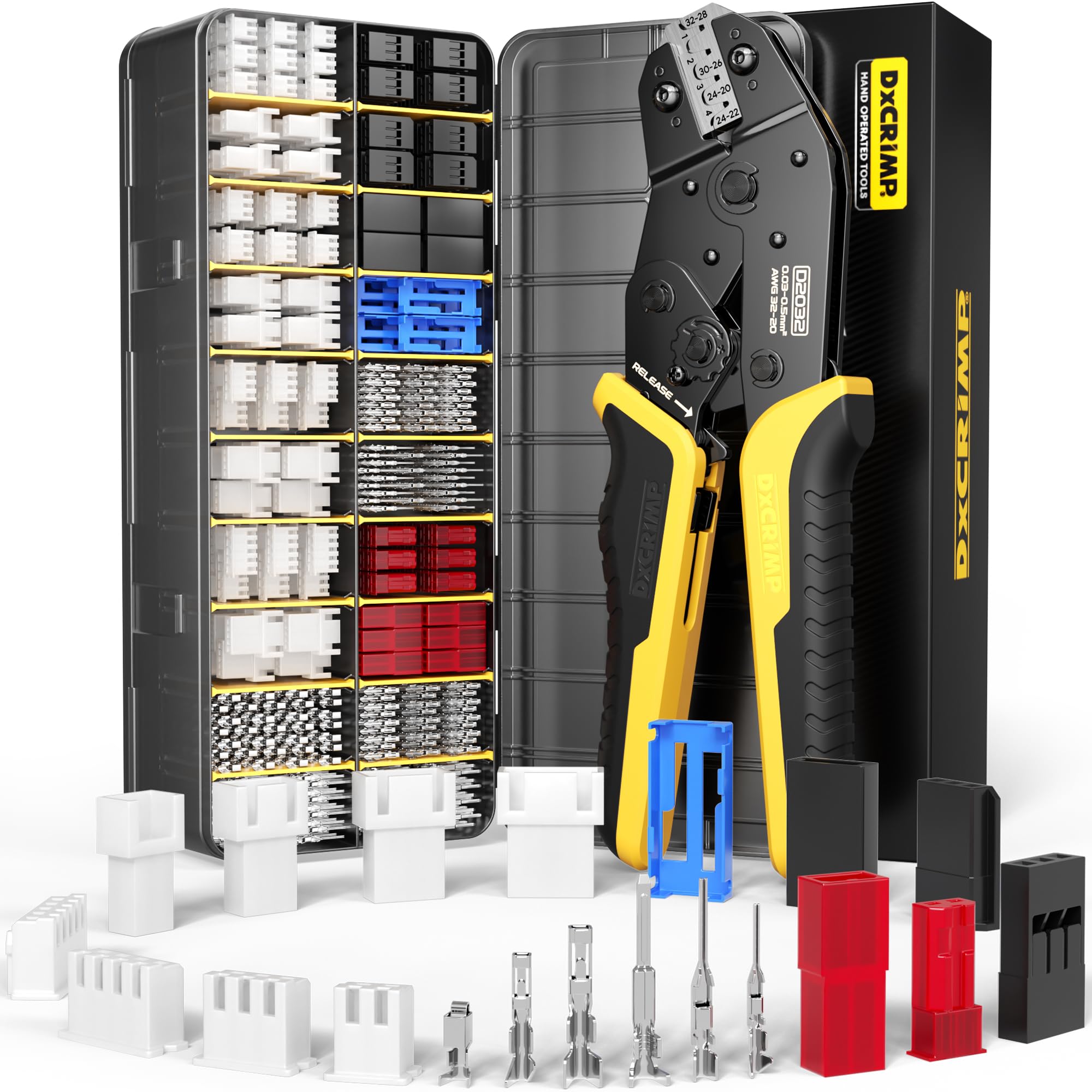 DxCRIMP Crimping Tool Connector Kit, 20 Types of JST-XH/SYP 2.5mm and 2.54mm Connectors, 32-20 AWG Crimping Pliers Compatible JST, Dupont, KF2510,