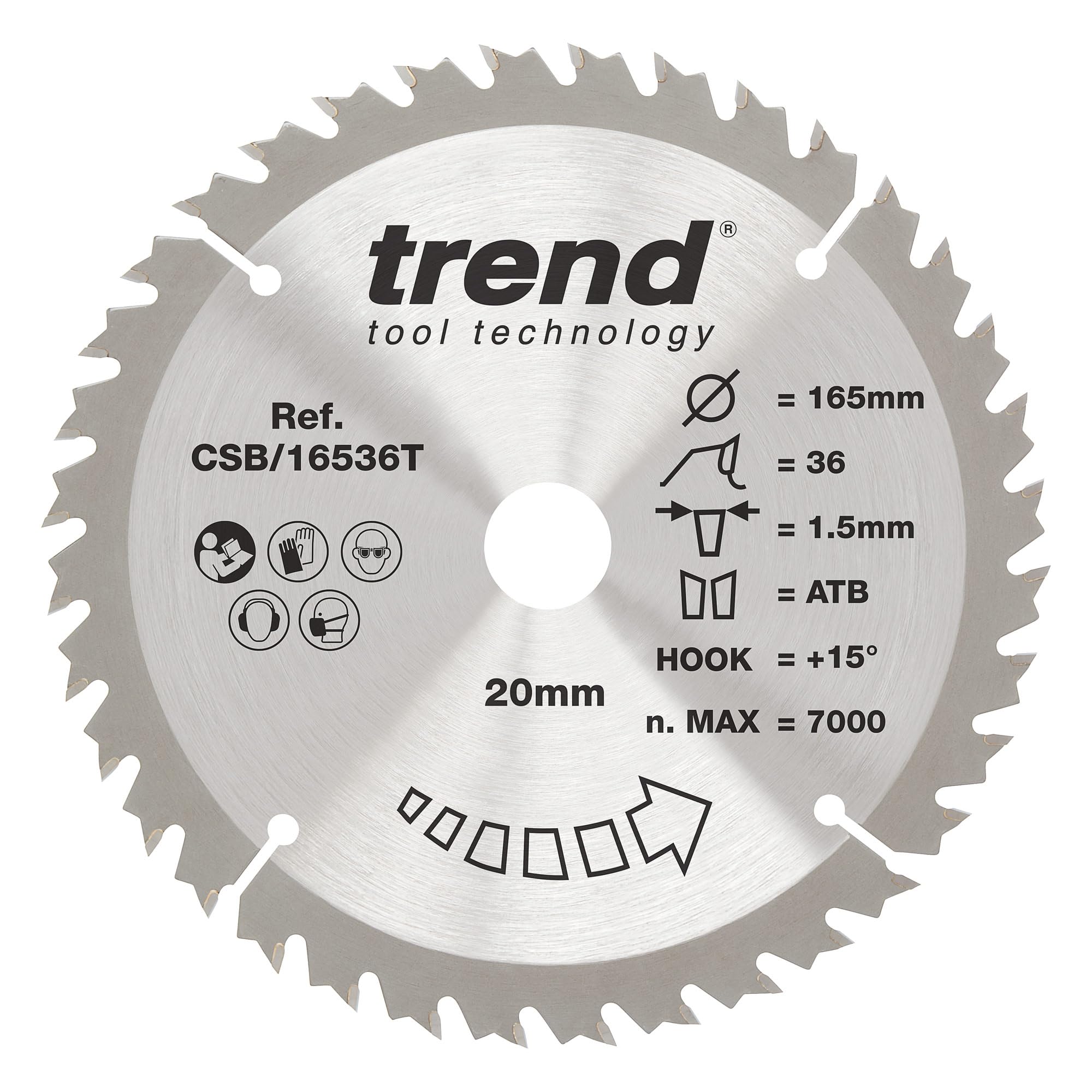 Trend Wood Cordless Circular Saw Blade, 165mm Diameter, 20mm Bore, 36 Teeth, 1.5mm Kerf, +15° Hook, TCT, Medium Finish, CSB/16536T