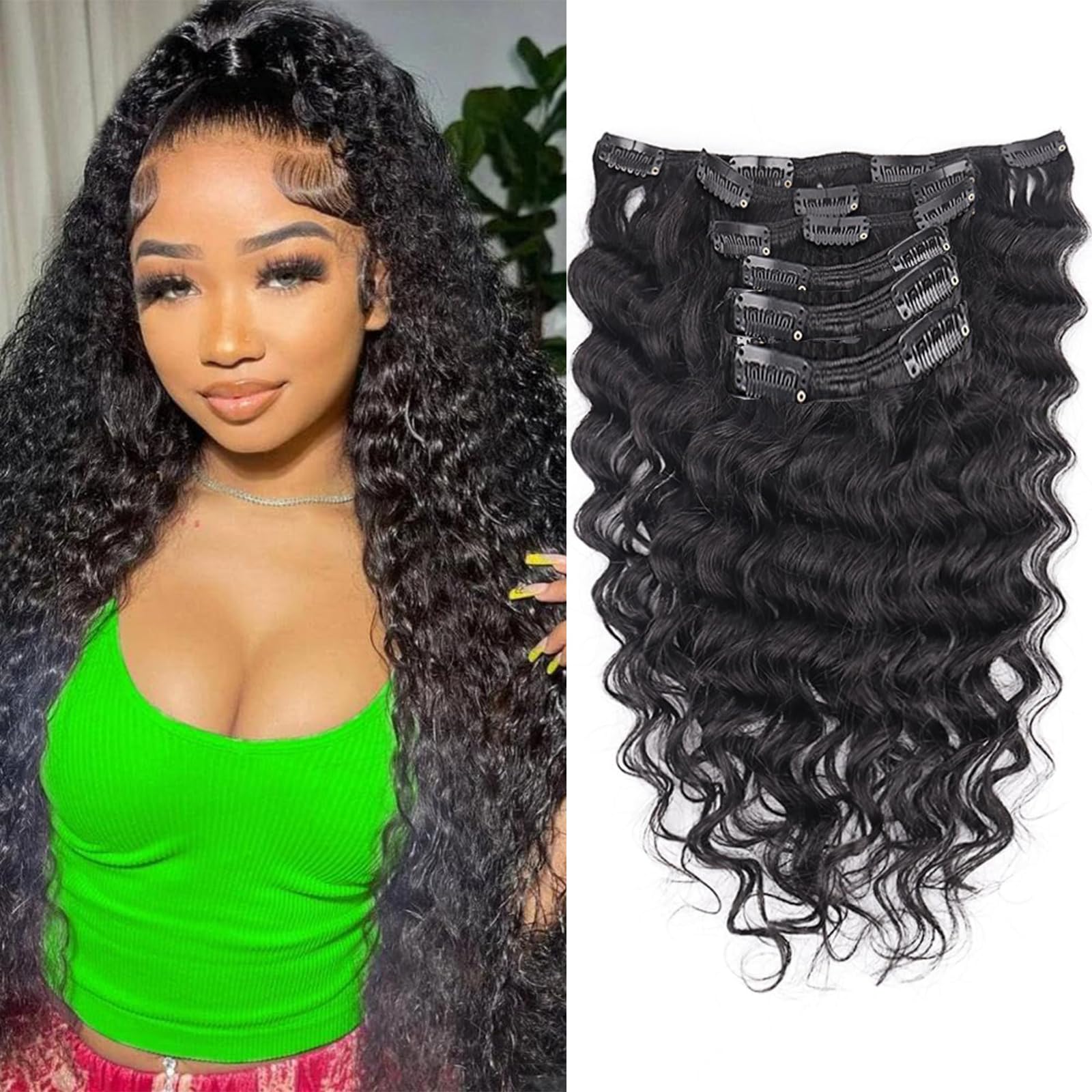 20 Inch Deep Wave Clip in Hair Extensions Real Human Hair for Black Women Full Head 8A Brazilian Real Hair Yaki Human Hair Clip ins Natural Color 6 pcs 16 clips
