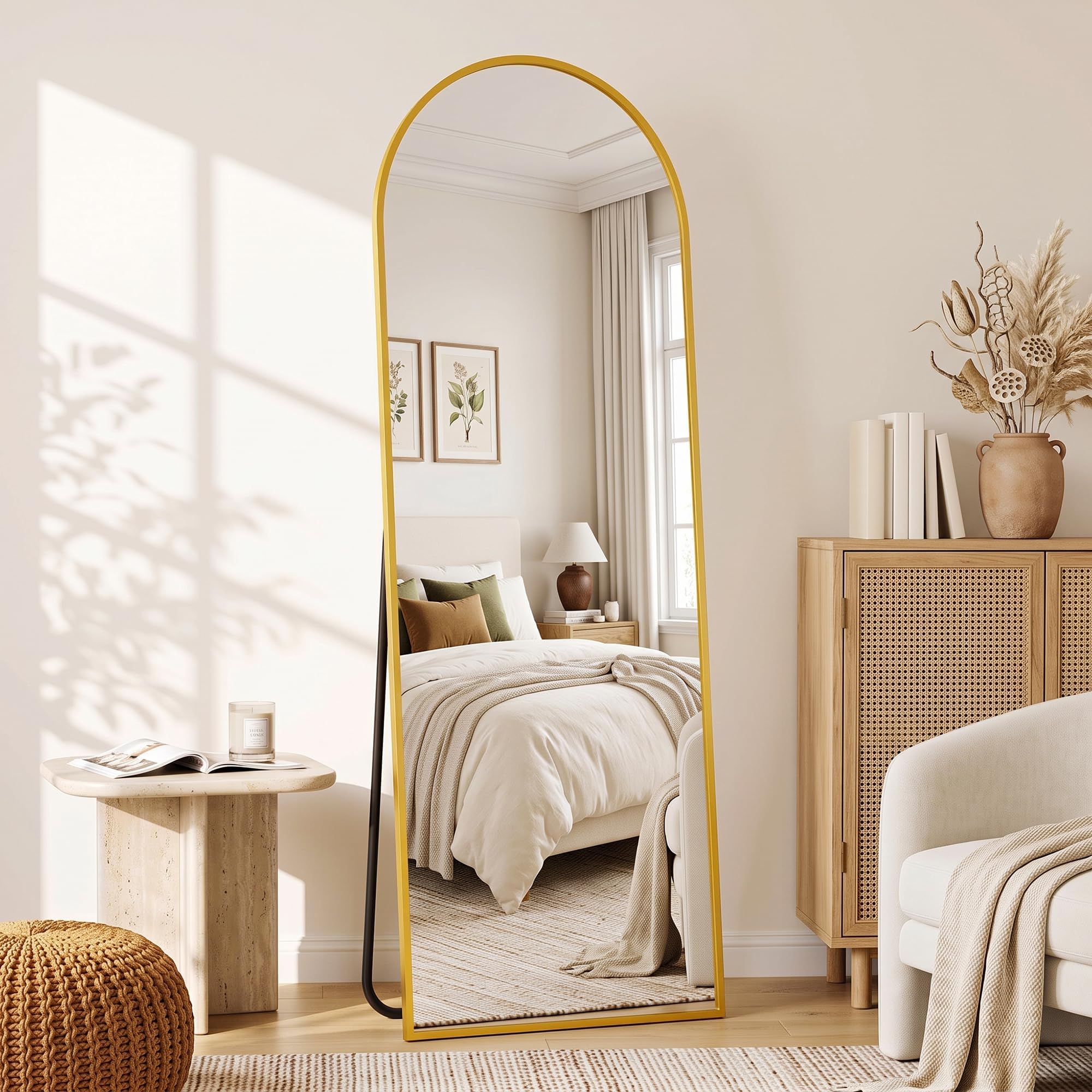 Antok Full Length Mirror, 56"x15" Floor Mirror with Stand, Gold, Arched