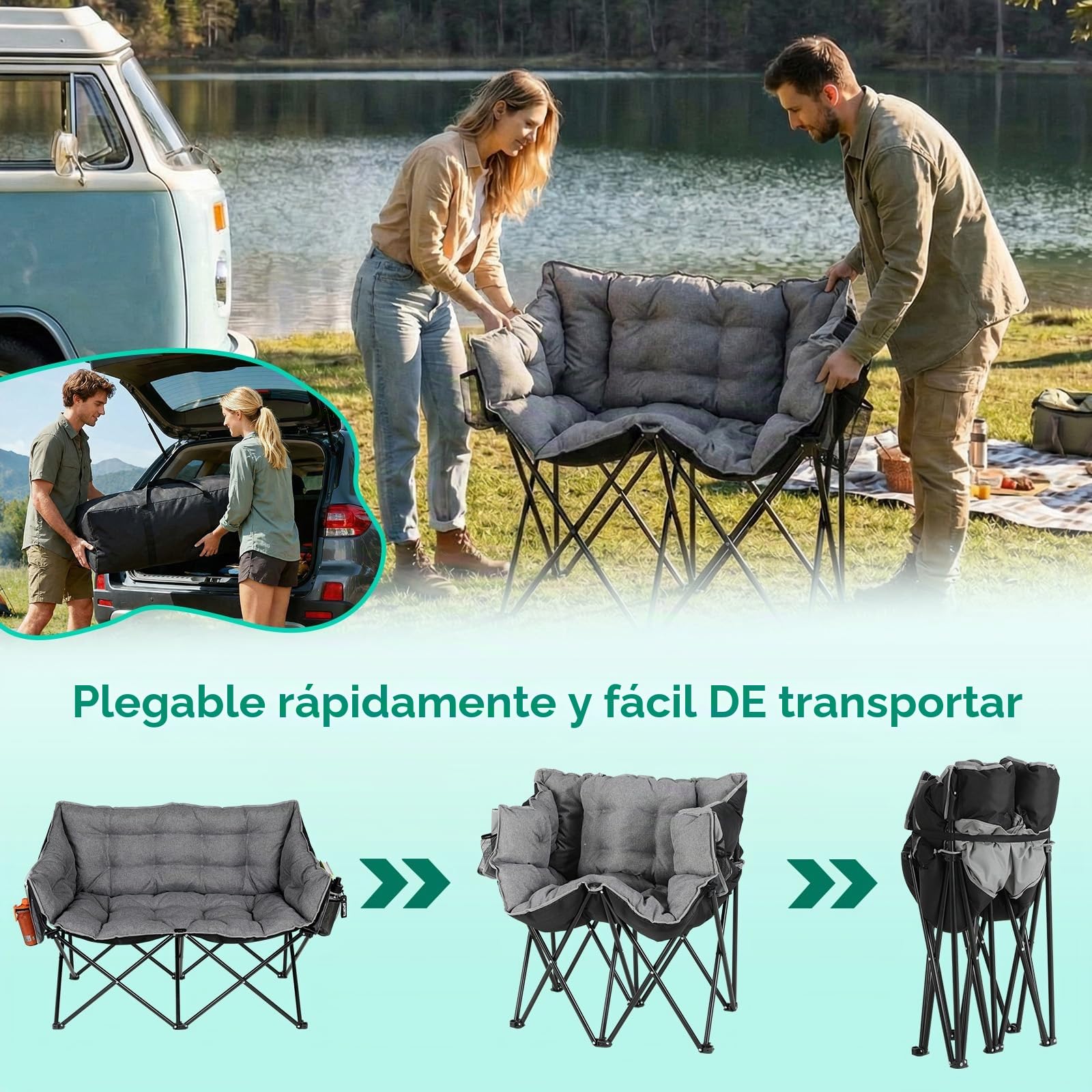 LIFERUN Silla de Camping Plegable para 2 Personas, 320KG, Sofá de Camping Acolchado 2 Plazas, Silla Acolchada, con Bolsillo Lateral y Trasero, Bolsa Incluida, para Pesca,Playa,Jardín, Caravana, Gris