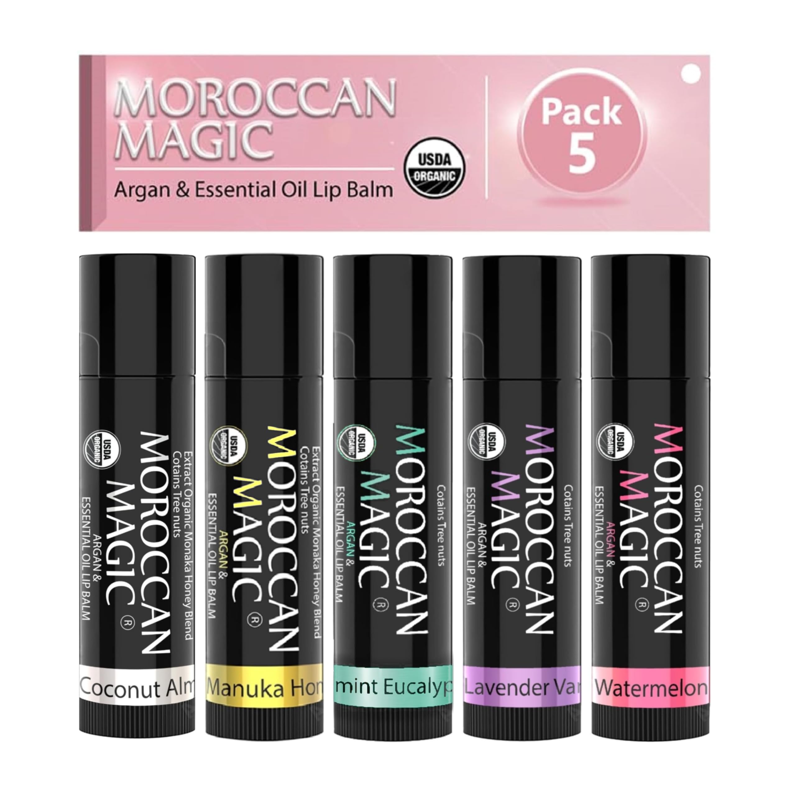 Moroccan Magic Organic Lip Balm 5 Piece Variety Pack Gift Set Ultra-Hydrating Argan Essential Oil Lip Moisturizer Vitamin
