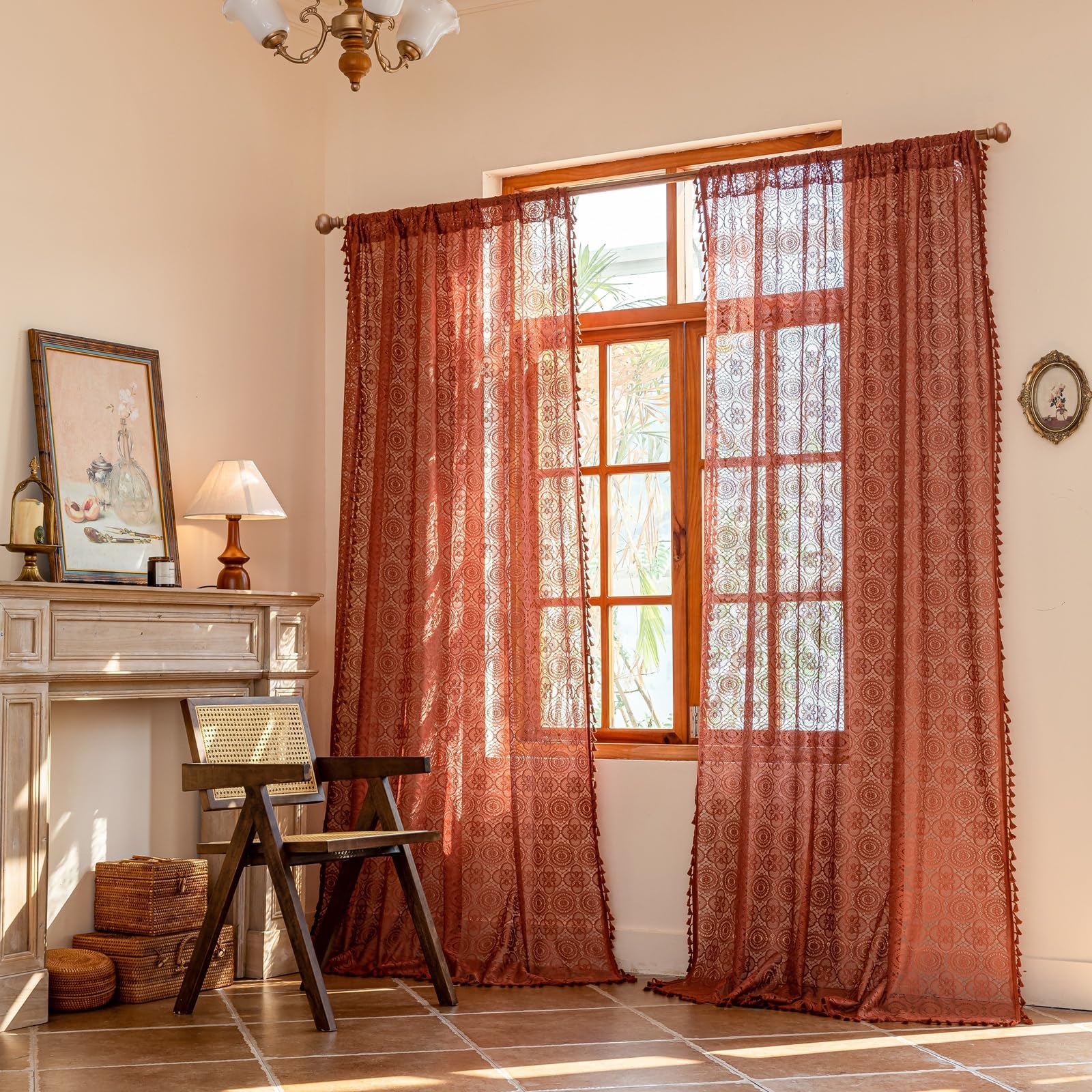 YJ YANJUN Sheer Orange Lace Curtains, 2 Panels, 59"W x 96"L, Boho Crochet Tassel Trim, Rust/Terracotta