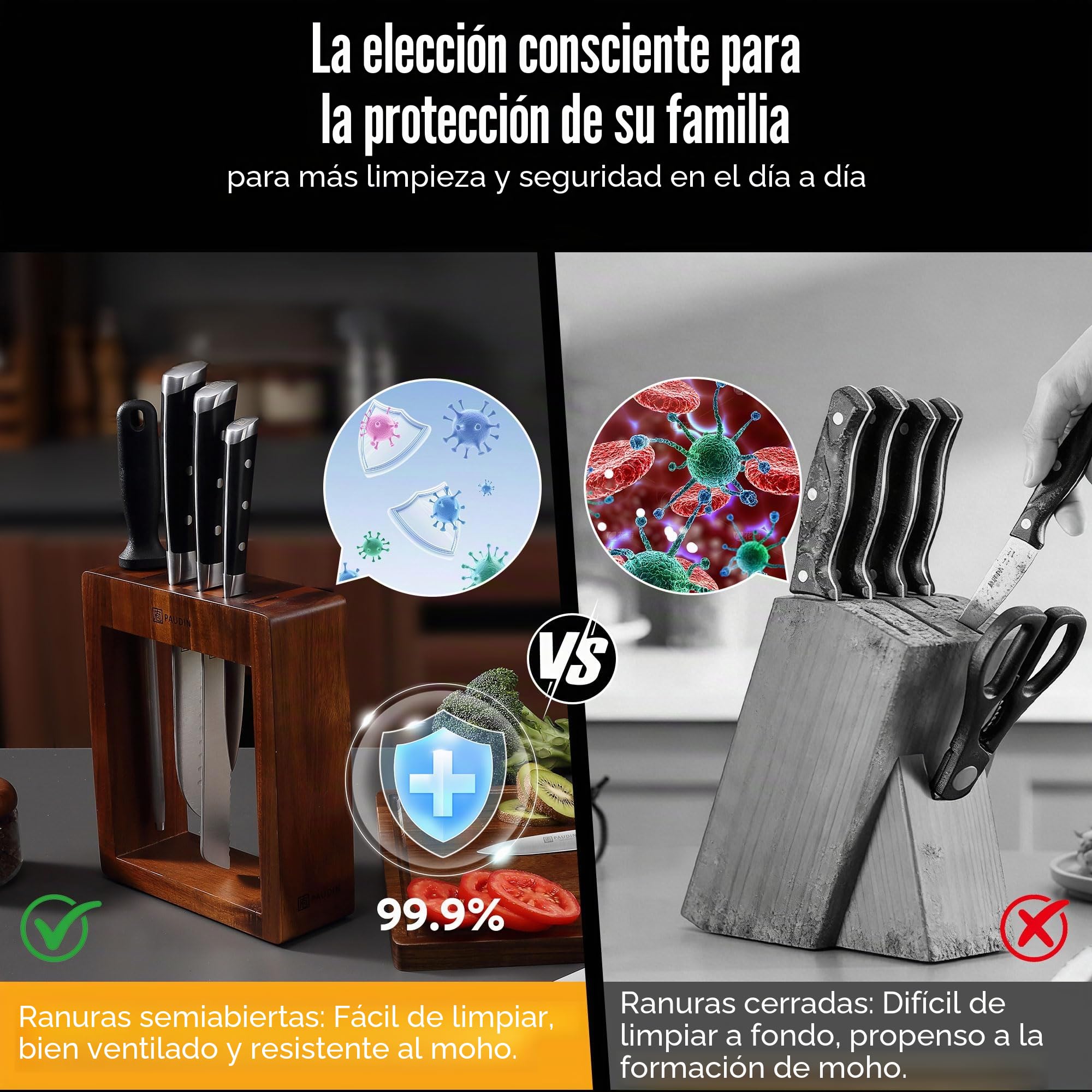 PAUDIN bloque de cuchillos con juego de cuchillos, juego de cuchillos de 7 piezas con bloque de cuchillos, juego de cuchillos de cocina con bloque de madera, juego de cuchillos de cocina profesional