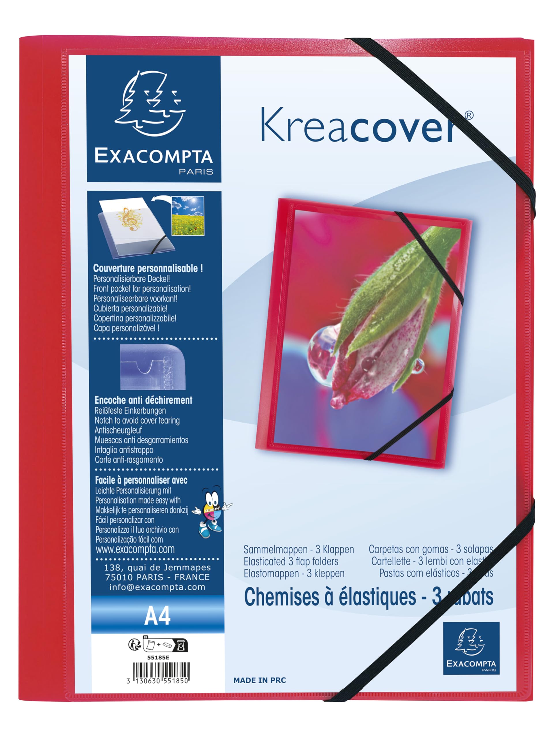 Exacompta, Ref 55185E, Box of 25 Kreacover Elastic folders, 3 Flap Pockets, Translucent Polypropylene