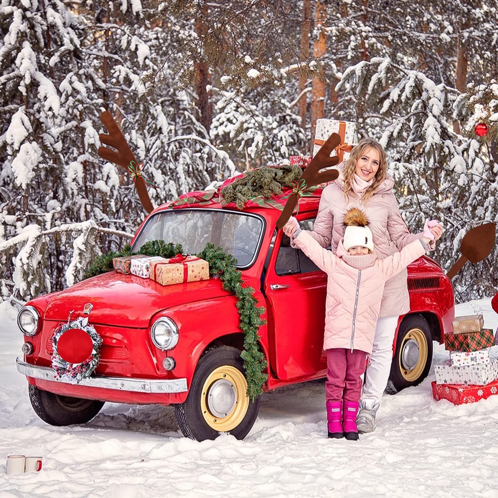 Amzeeniu Voitures Rennes de Noël,Decoration Noel Voiture,Bois de Voiture,Voiture Renne Rudolf Décoration de Noël pour Voiture Costume de Renne pour Camion Van SUV avec Queue 45cm Bois de Renne Brun