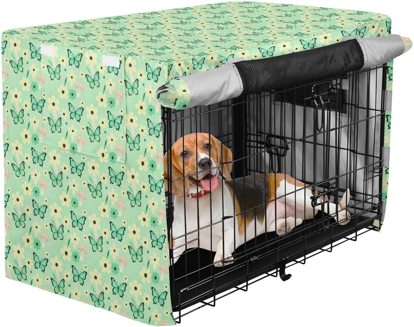 Butterflies with Florals Dog Crate Cover Pet Wire Cage Cover Rollers Shades 42 Inch