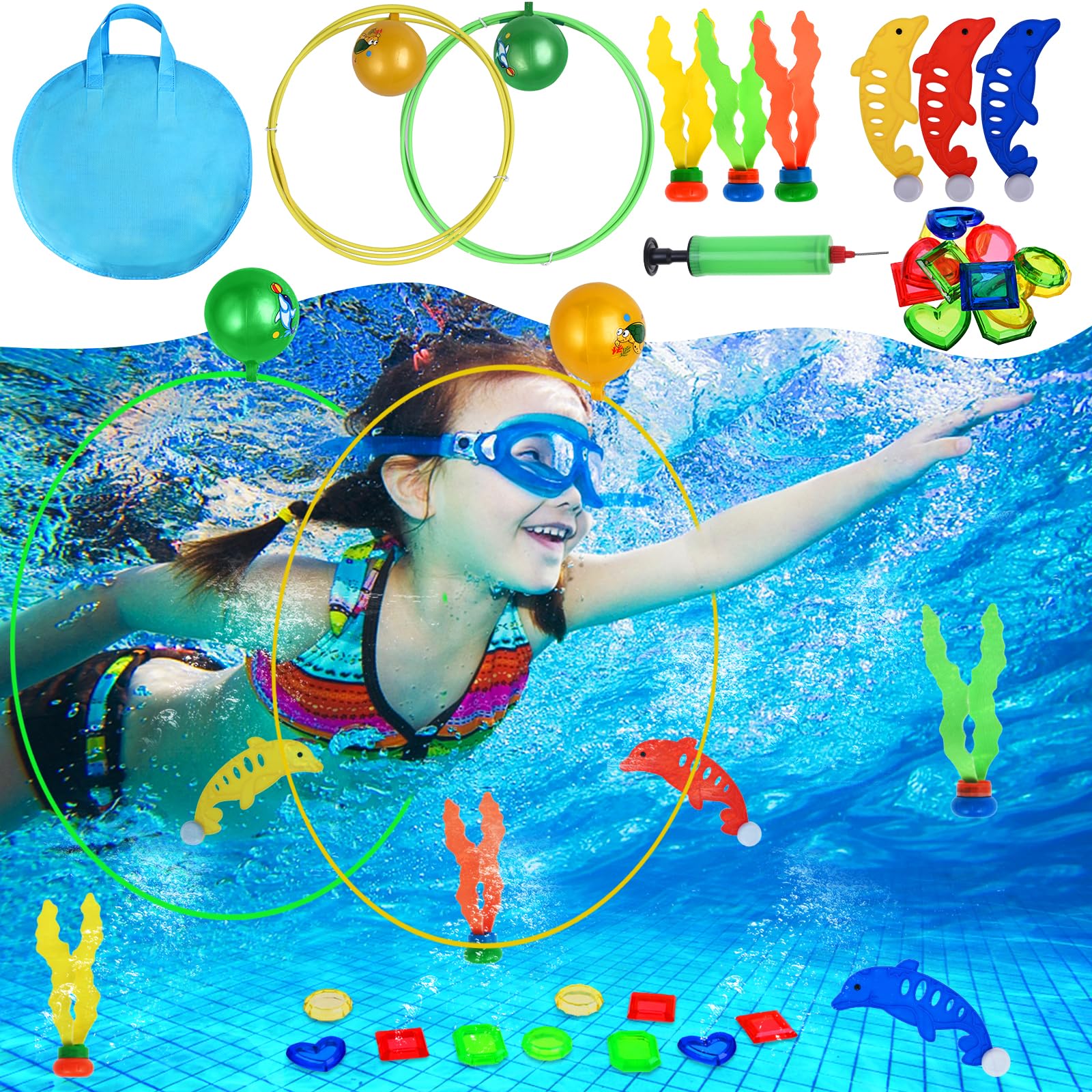 Faburo 20Stk Tauchring Kinder Tauchring Unterwasser Swimmring Tauchspielzeug Pool Spielzeug Set mit Tauchringe Edelsteine Aufbewahrungstasche für Kinder Junge Mädchen