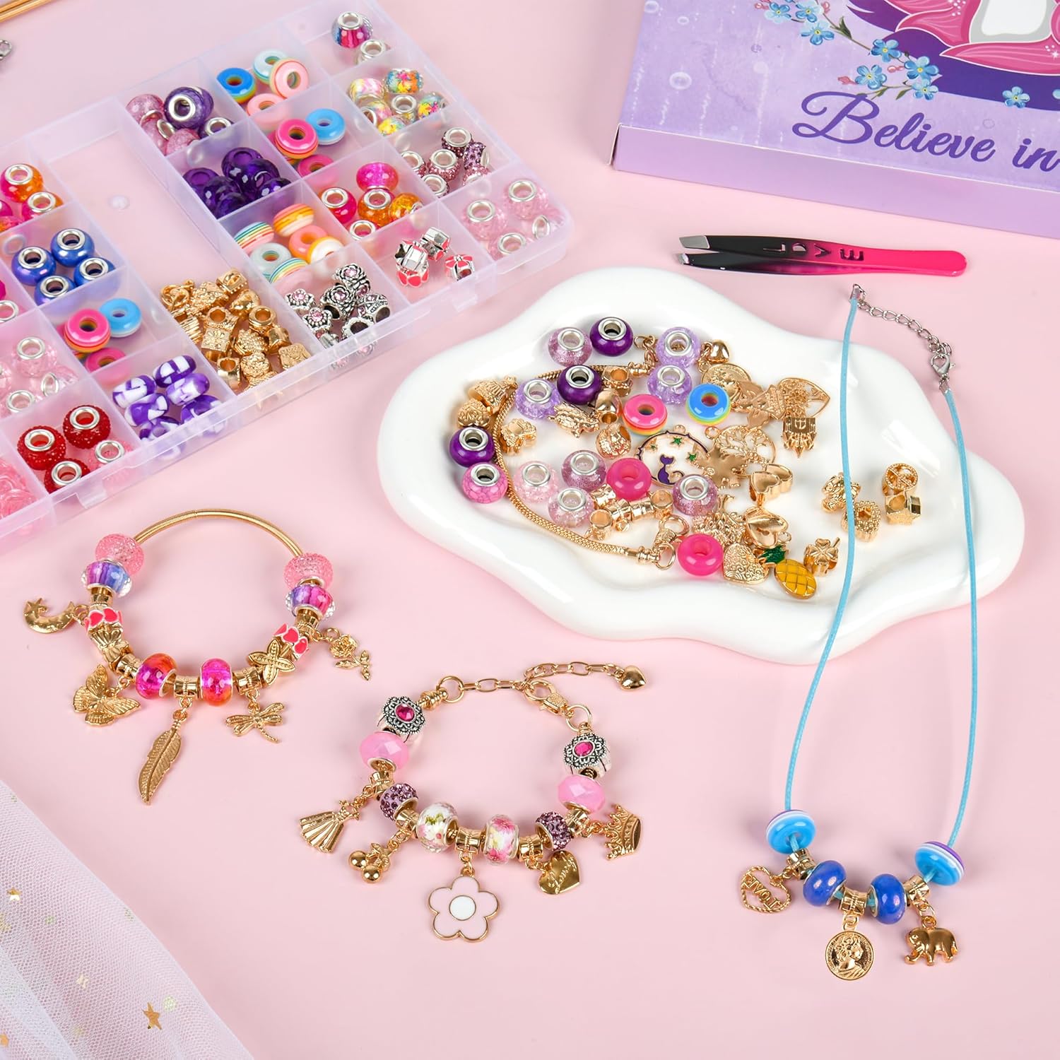 Uniartfy Charm Bracelet Making Kit, 305 Pieces Jewelry Making Kit Supplies for Girls 8-12, Birthday Gifts, DIY Arts Crafts for Teens Women Kids Ages 5 6 7 8 9 10 11 12 Years Old with Organizer Box