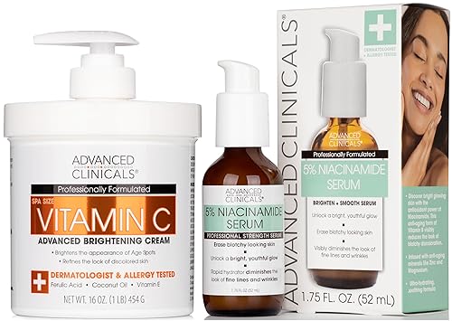 Advanced Clinicals Crema iluminadora de vitamina C + suero de niacinamida al 5% con ácido hialurónico, juego de 2 piezas  Loción corporal de