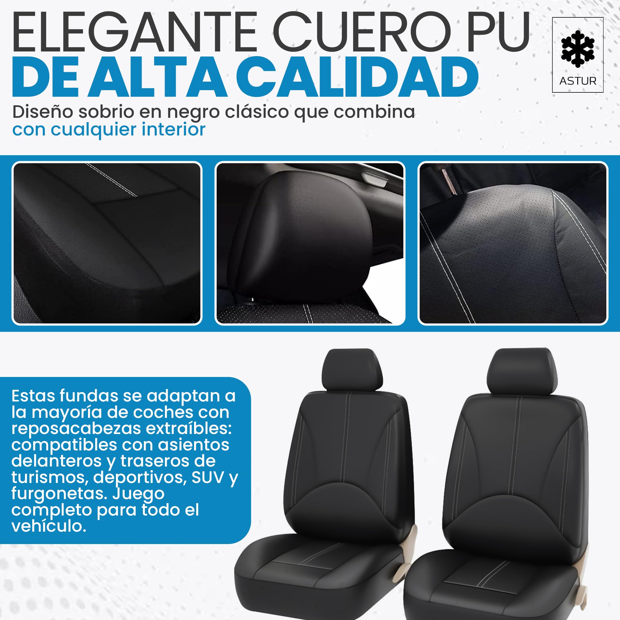 Astur Fundas Asientos Coche universales – Funda Asiento Coche Delantera y Trasera – Protector Asiento Coche Impermeable, fácil de Instalar y Compatible con airbag