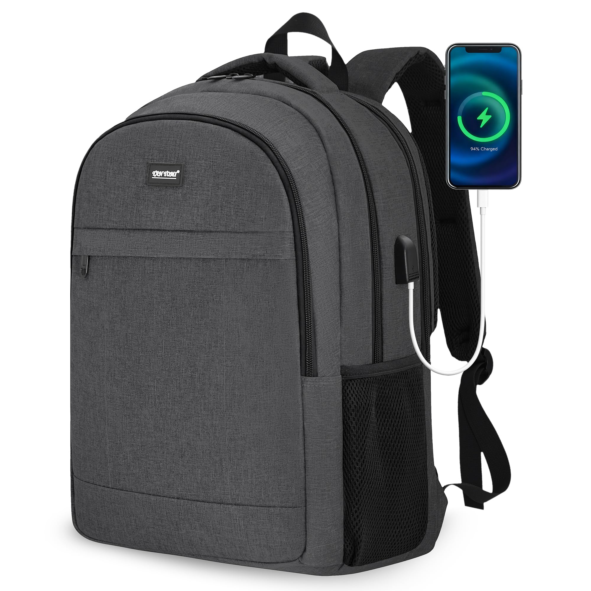 TANTOMI Grand sac à dos pour homme de 17,7 pouces avec port de charge USB, durable, antivol, résistant à l'eau, pour voyage, bureau, université, Noir , M, Classique