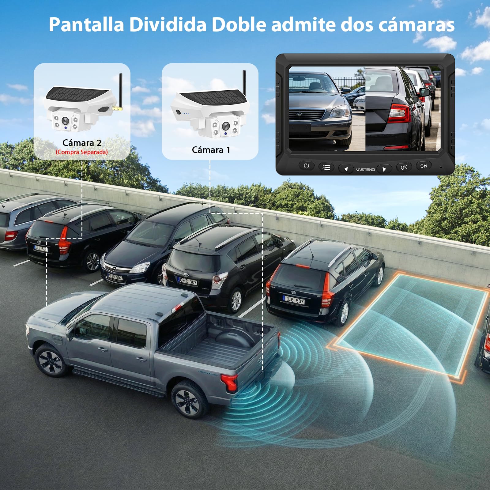 Cámara de Marcha Atrás Inalámbrica Solar con Monitor 7", Sistema de Visión Trasera Digital HD 1080P, Batería 10000mAh & Soporte Magnético, Impermeable IP69K para Autocaravana, Camión, Remolque