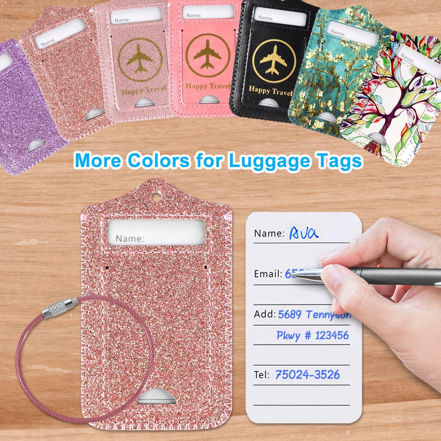 ACdream Luggage Tags 2 Pack, Leather Suitcase Tags Identifiers, Cute Cruise ID Labels with Privacy Cover fits on Backpack, Travel Bag, for Women, Men, Adults, Kids, Glitter Rose