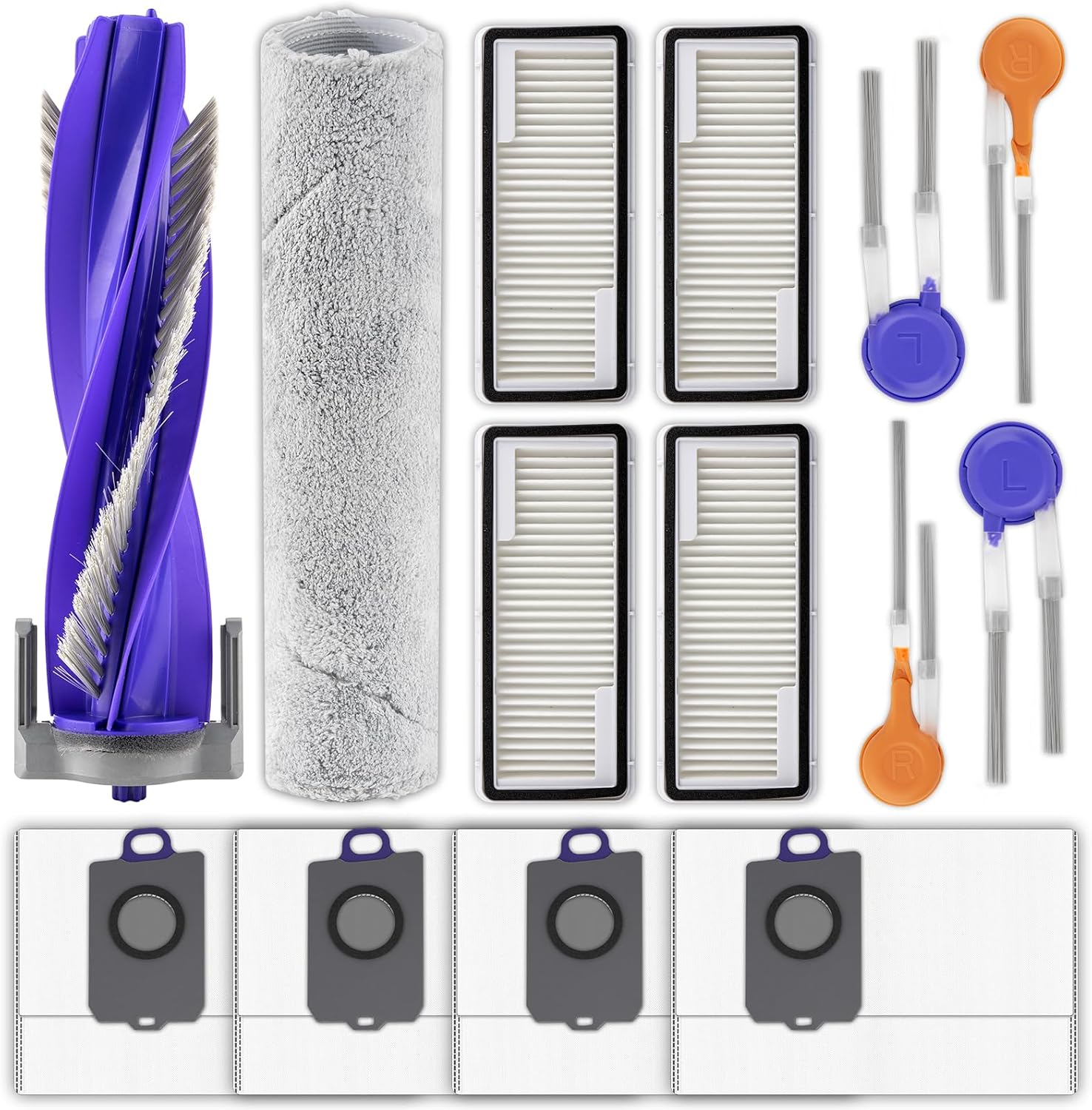 (14 Pack) Flow Replacement Parts Compatible with Narwal Flow Robot Vacuum Cleaner, 1 Roller Brush, 1 Track-type Mop, 4 Side Brushes, 4 HEPA Filters, 4 Dust Bags, Accessories Kit