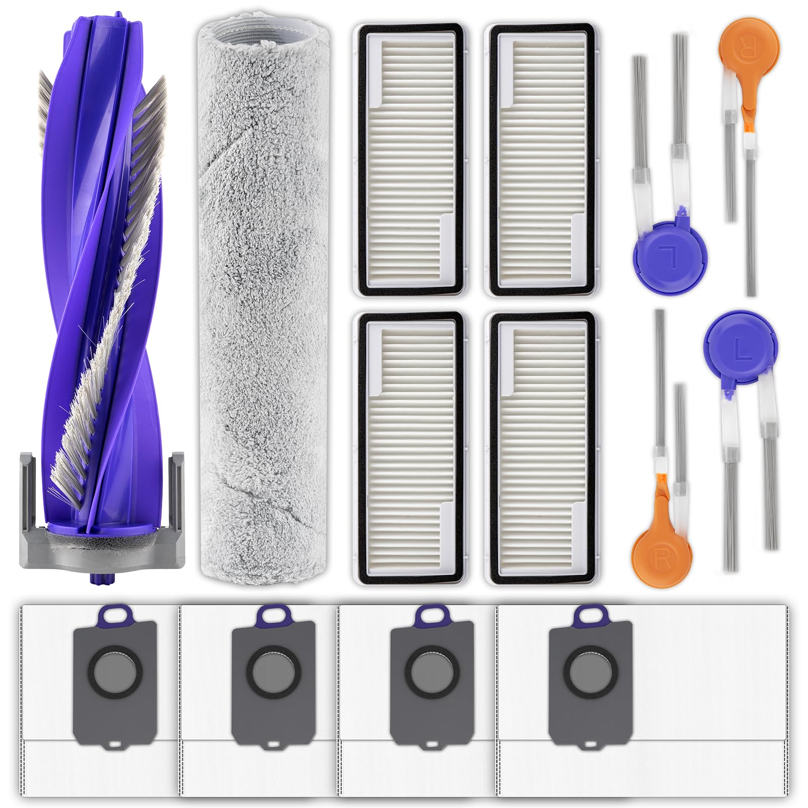 Confezione da 14 pezzi di ricambio Flow compatibili con robot aspirapolvere Narwal Flow, 1 spazzola a rullo, 1 mocio a pista, 4 spazzole laterali, 4 filtri HEPA, 4 sacchetti per la polvere, kit di