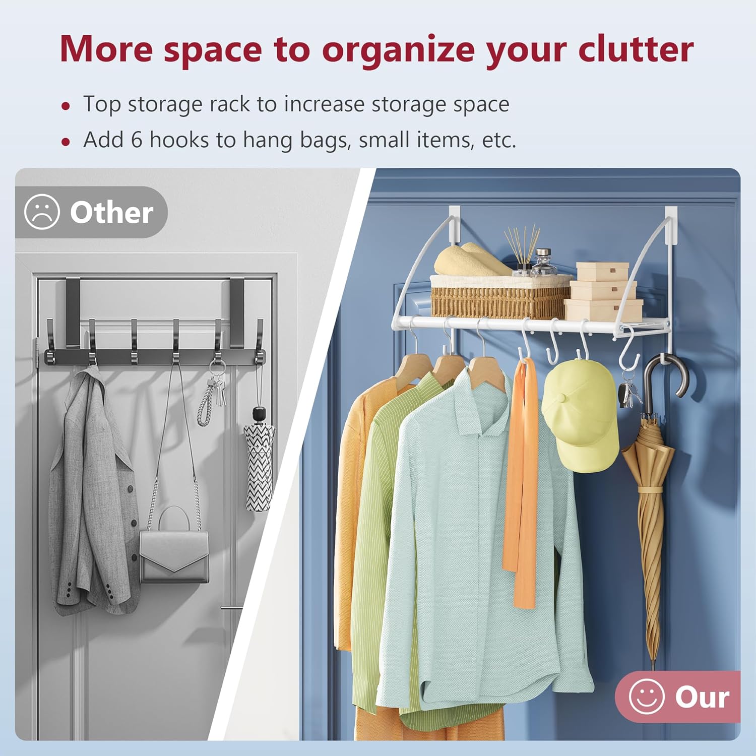 Tajsoon Over The Door Hanger with Storage Rack and 6 Hooks, Over The Door Clothes Rack for Hanging Coat, Over Door Clothes Hanger for Bathroom, Bedroom, Living Room, White