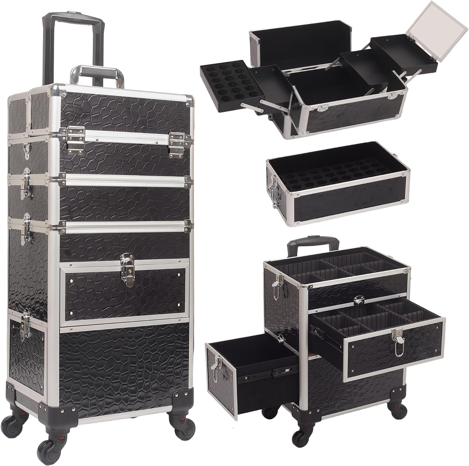 5 IN 1 Rolling Makeup Case with Drawers Shiny Purple