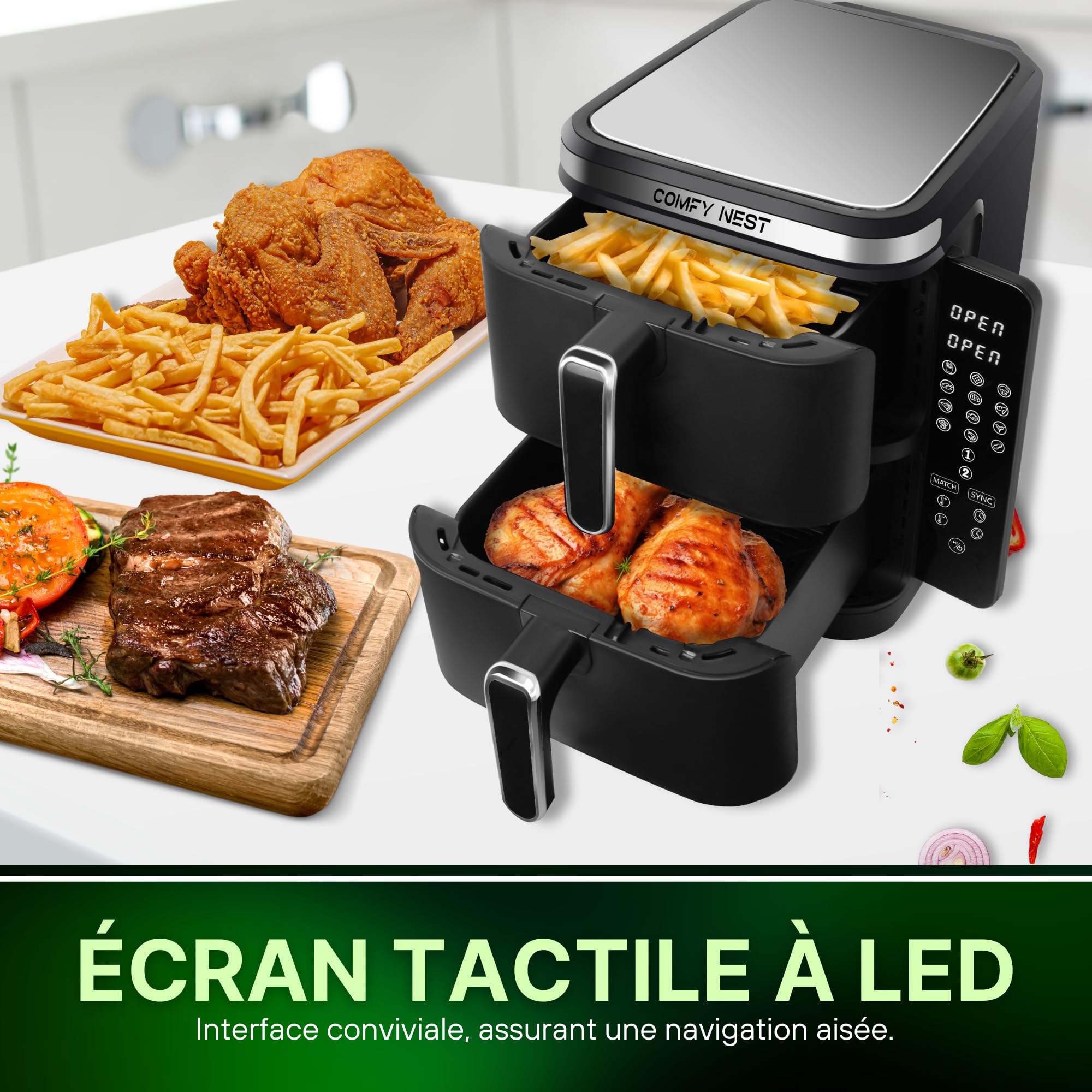 Comfy Nest, Airfryer met dubbele mand van 11 liter, Airfryer, gelijktijdig koken, digitaal touchscreen, Rapid Air-technologie, verbeterde veiligheid, gemakkelijk schoon te maken - 5,5 liter, Zwart