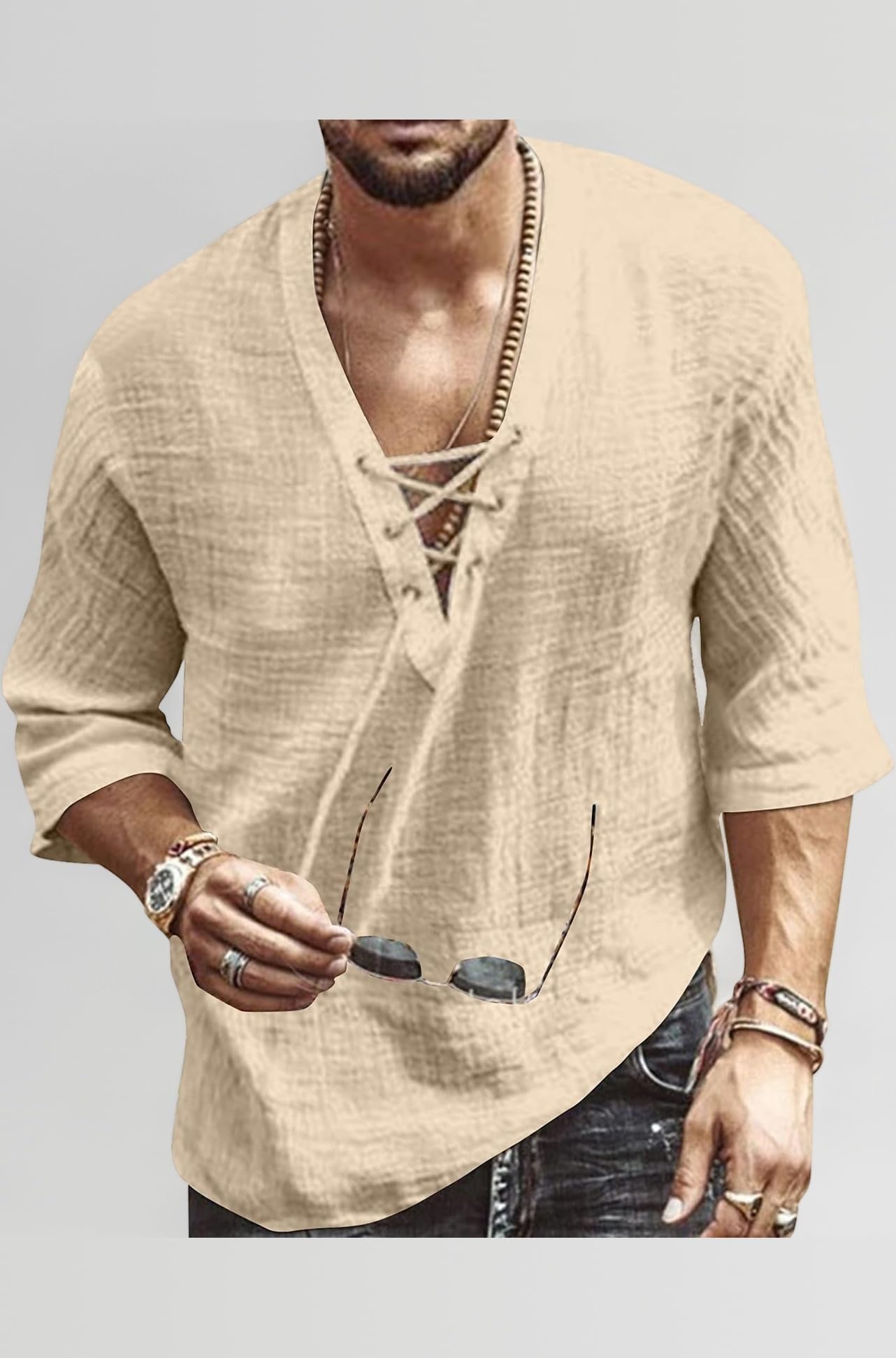 Men's Fashion Shirt Short Sleeve Beach V-Neck Drawstring Printing Yoga African Summer Top