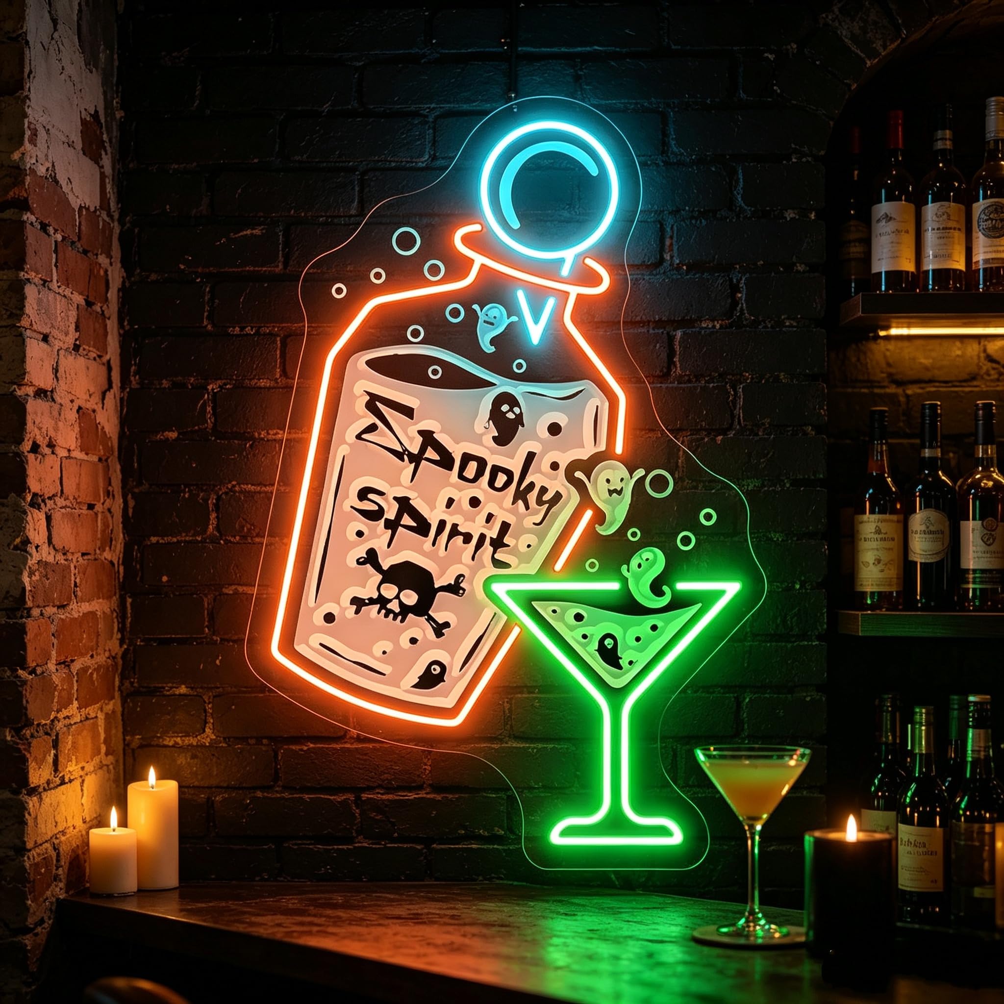 Spooky Spirit Bottle Neon Sign Halloween Holiday Decoration (Orange) Halloween Cocktail Glass Neon Light for Bar, Pub, Party, Home Wall Decor, USB Powered LED Neon Light Sign