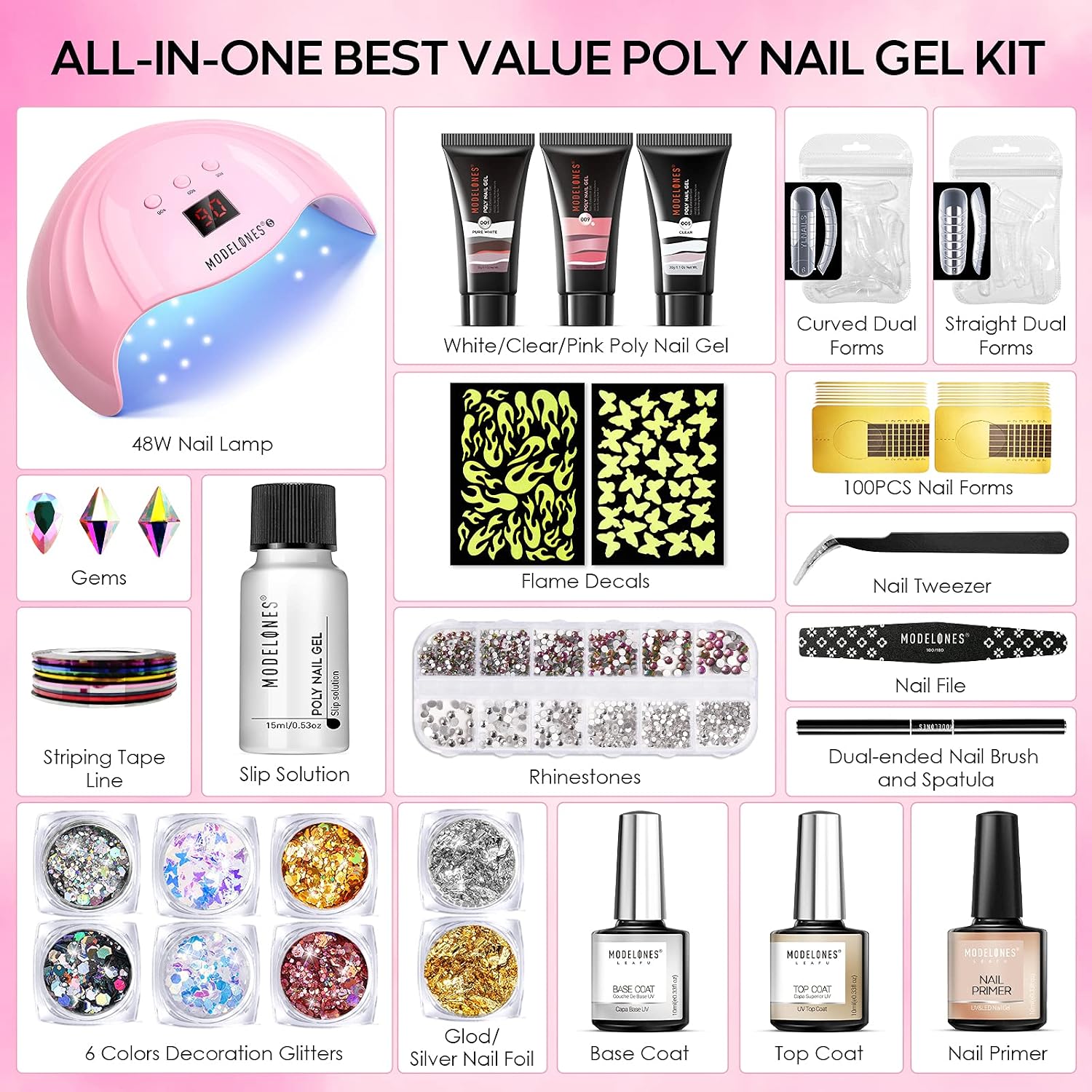 Modelones Poly Extension Gel Nail Kit Enhancement Builder Color Change Pink Clear Gel Set with Nail Primer Top Base Coat Glitter Tools Lamp All in One French Kit for Starter Nail Salon DIY Nail Art