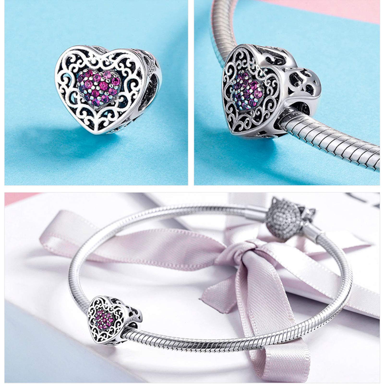 MOCHAMIK Perline Cave distanziatrici Bracciale Adatto Perline in Argento 925 Perline a Forma di Cuore a Mano di Mamma S925 Famiglia Sorella per la creazione di Gioielli