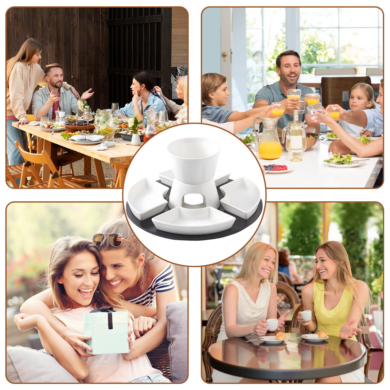 Ceramiczny zestaw do fondue czekoladowego, 300 ml, czekoladowe fondue z 4 talerzami ceramicznymi i 4 widelcami, podgrzewane jedną świecą, kolor biały, obracany czekoladowy fondue, zestaw