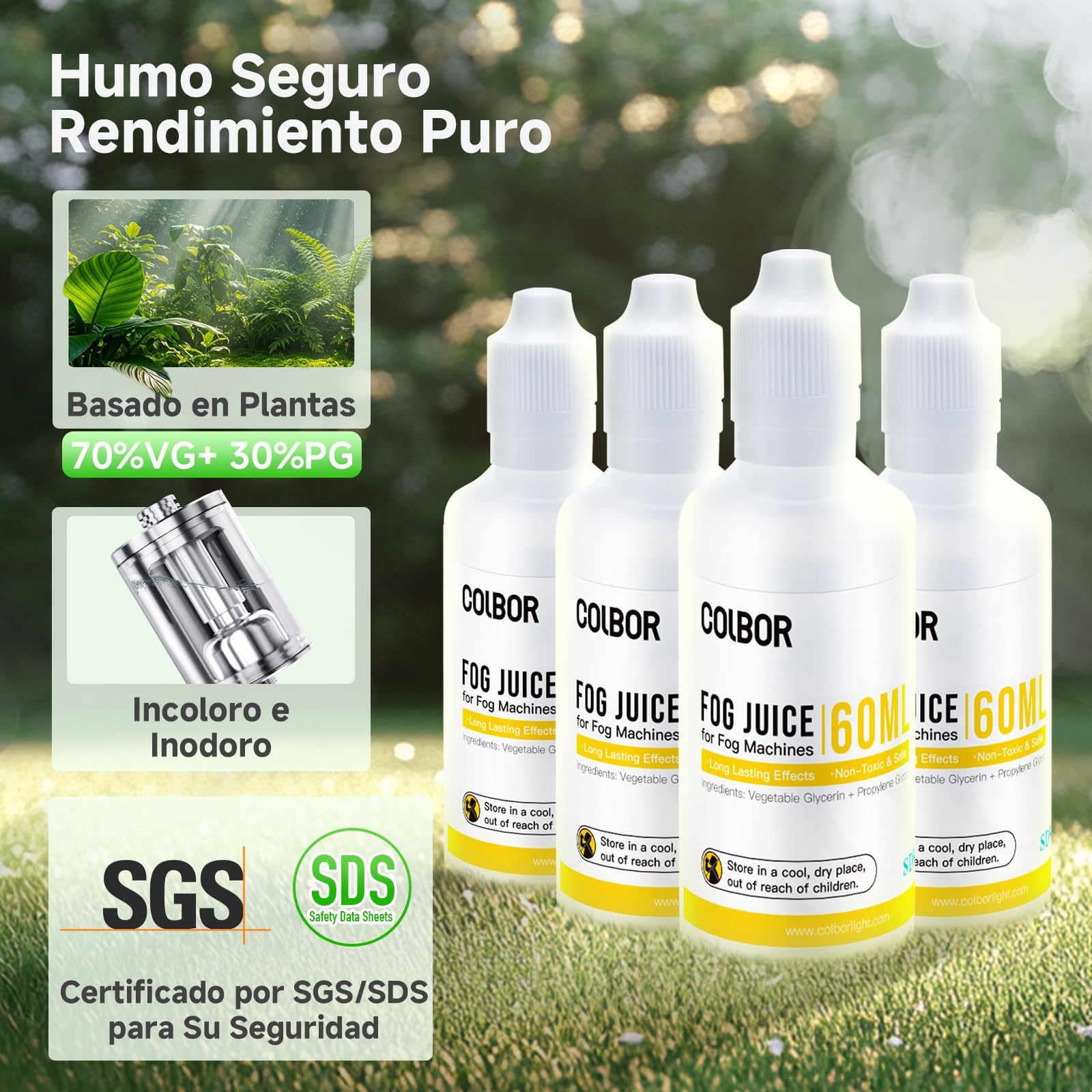 COLBOR Kit de Líquido para Máquina de Humo 4PCS, 60ML*4 Líquido de Niebla de Alta Densidad a Base de Glicerina Vegetal Sin Olor para Máquina de Humo COLBOR CF3/CF5
