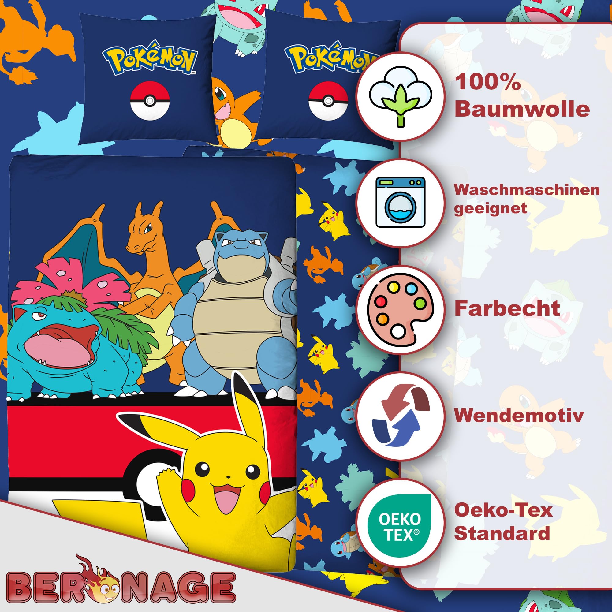 Pokemon Kinder Wende-Bettwäsche Pikachu Glurak Bisaflor Turtok 135x200 cm + 80x80 cm 100% Baumwolle Renforcé-Linon Pokémon Kanto Starter Nintendo Anime Gaming Deutsche Größe