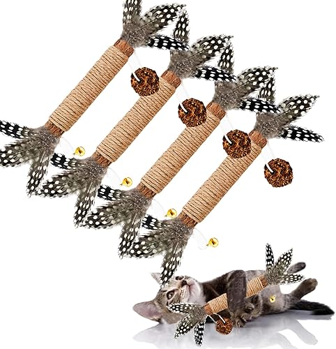 Juguetes para gatos, paquete de 4 juguetes de plumas de gato Silvervine, juguete para masticar con hierba gatera con campana para limpiar los