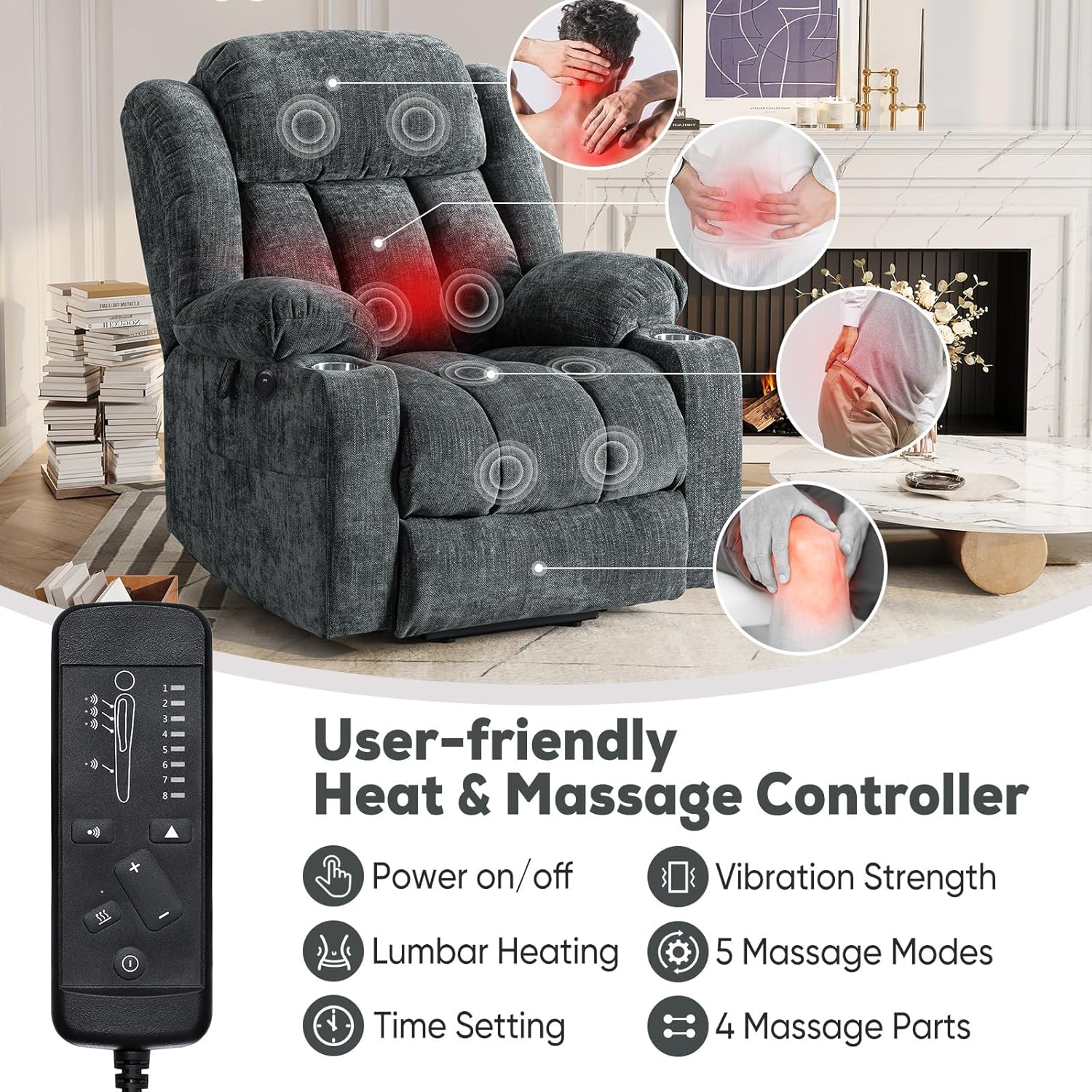 ABCASA Dual Power Lift Recliners Chair for Elderly with Heat & Massage, Large Lay Flat Chenille Recliner with Lift Assistance, USB & Type-C, Cup Holder, Side Pocket, Gray Blue