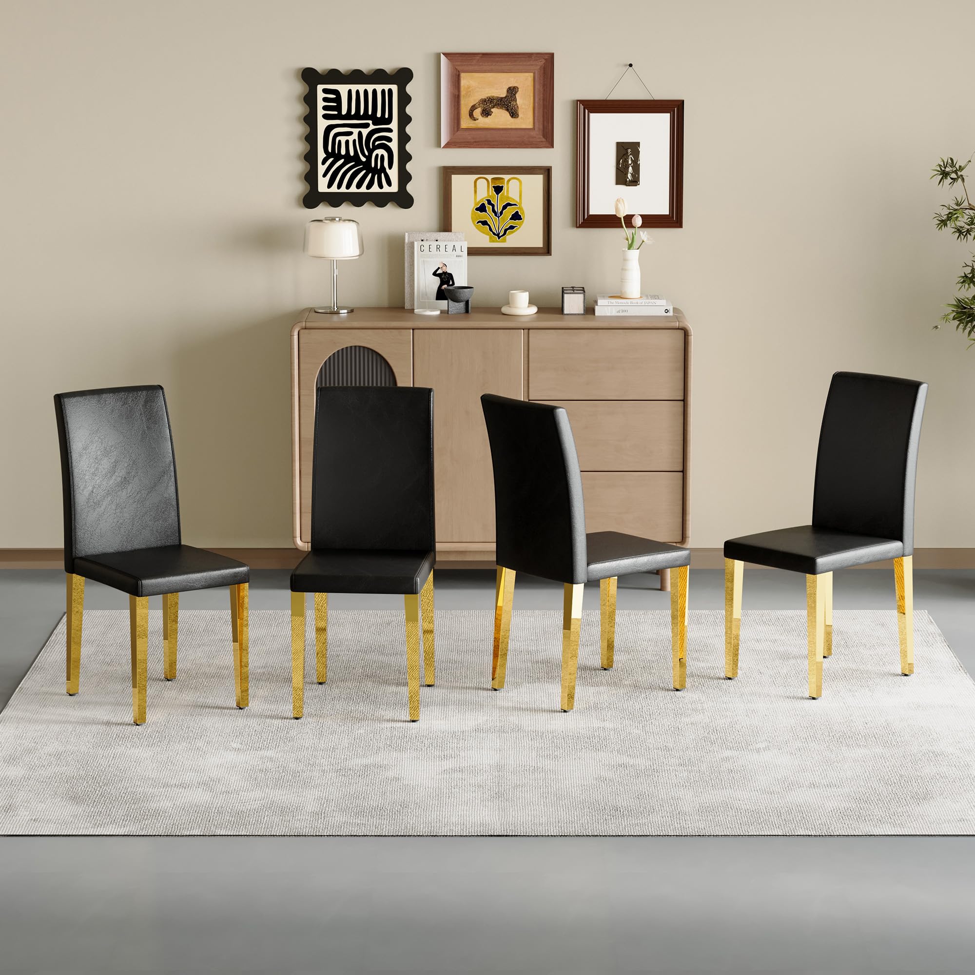 Set of 4 Black PU Leather backrest Chairs with Gold Metal Legs A Perfect Pairing Ideal for and
