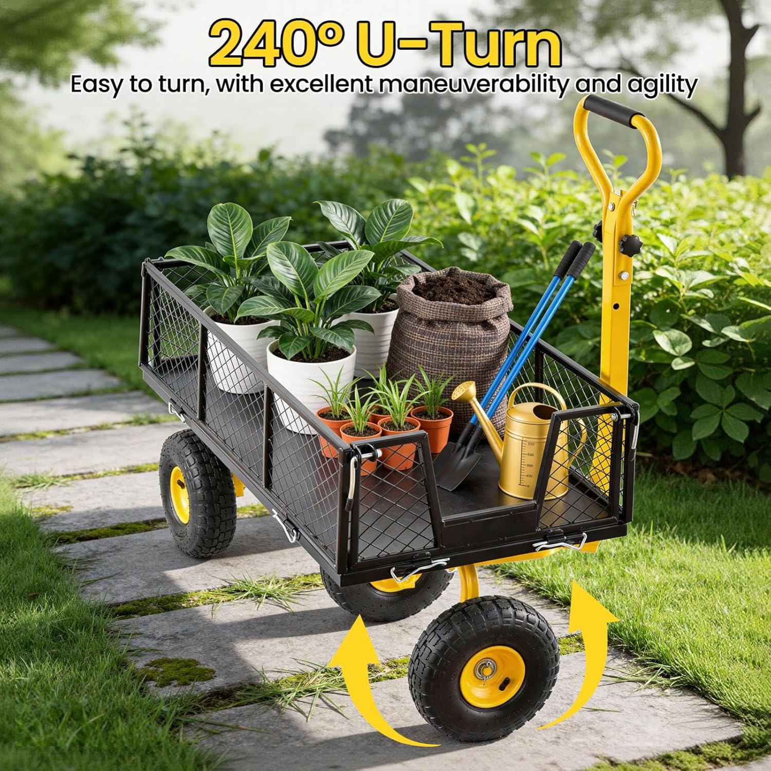 Heavy Duty Steel Garden Cart 900 LBS Capacity, Yard Garden Wagons with 10 Inch Wheels, Handle Compatible with ATV & Tractor, Ideal for Transporting Soil, Tools and Plants