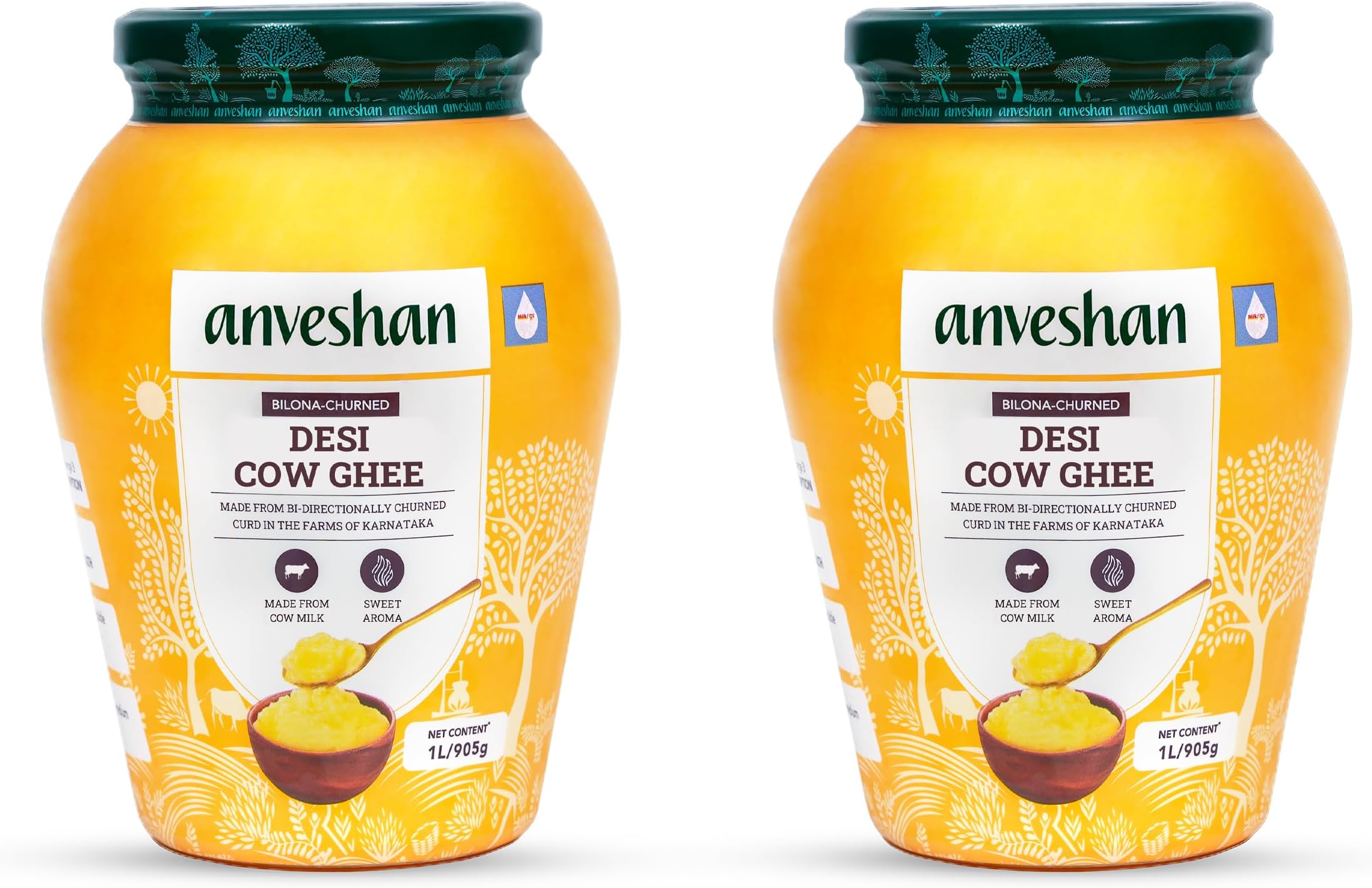Anveshan Empowering farmers with technology A2 Desi Cow Ghee (1Ltr x 2 Jars) | Glass Jar | Bilona Method | Curd-Churned | Pure, Natural & Healthy | Lab Tested | Grass-Fed Cultured Ghee