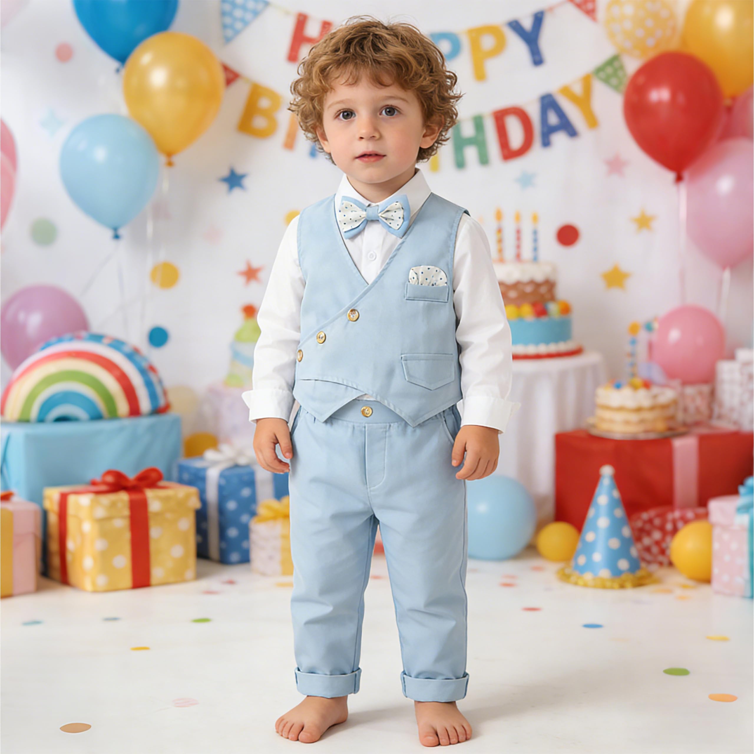 Volunboy Baby Boys Gentleman Suit, Toddler Formal Waistcoat Outfit Wedding Shirts + Vest +Bow Tie 4 PCS Set - 3