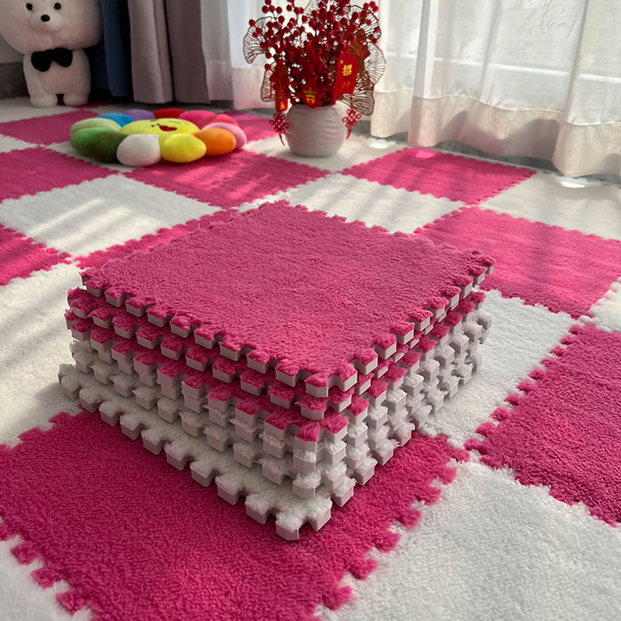10/20 pezzi di piastrelle di moquette in schiuma intrecciate, 30 x 30 cm, tappetino in schiuma puzzle in pile con bordo per soggiorno/camera da letto (10 pezzi bianchi