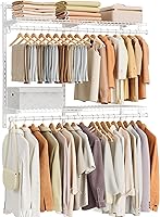 SONGMICS Adjustable Closet Organizer 4-6 ft Wide, Metal Shelving Unit with Hanging Rods, Shelves & Hooks, Cloud White URGR031W01