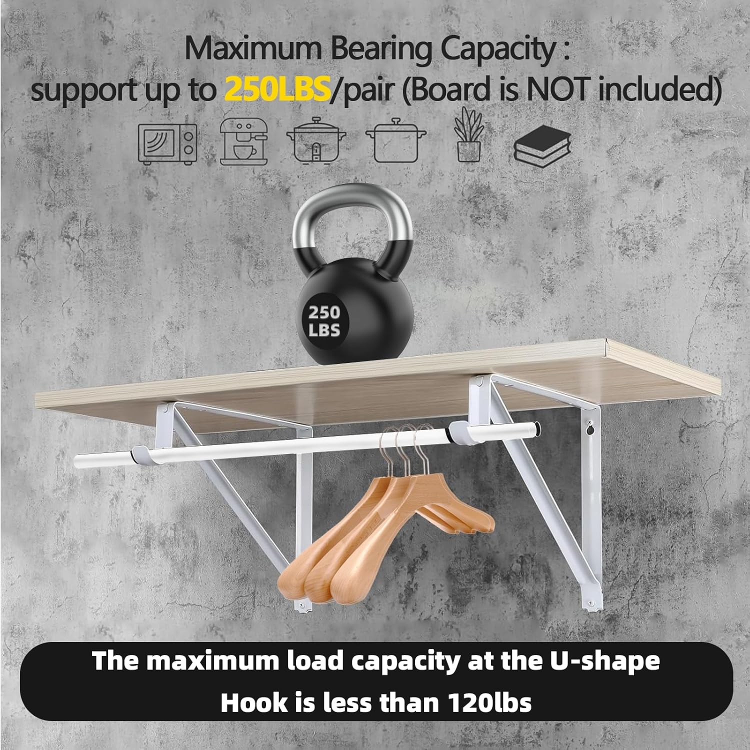 HOME MASTER HARDWARE Heavy Duty Closet Shelf Rod Brackets Supports 250lbs, Wall Mounted Closet Shelves Bracket with Rod Shelving Support, White with Screws 10-Pack