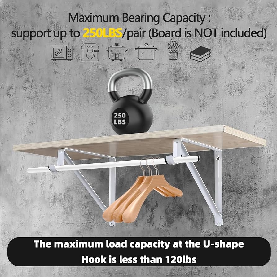 2 Pack Closet Shelf & Rod Brackets, Heavy Duty Closet Rod Bracket With Rod Holders, 11"x11", 1-3/8" Dia White Wall Mount Clothes Hanger Closet Rod Support Bracket For Shelf Storage And - View #2