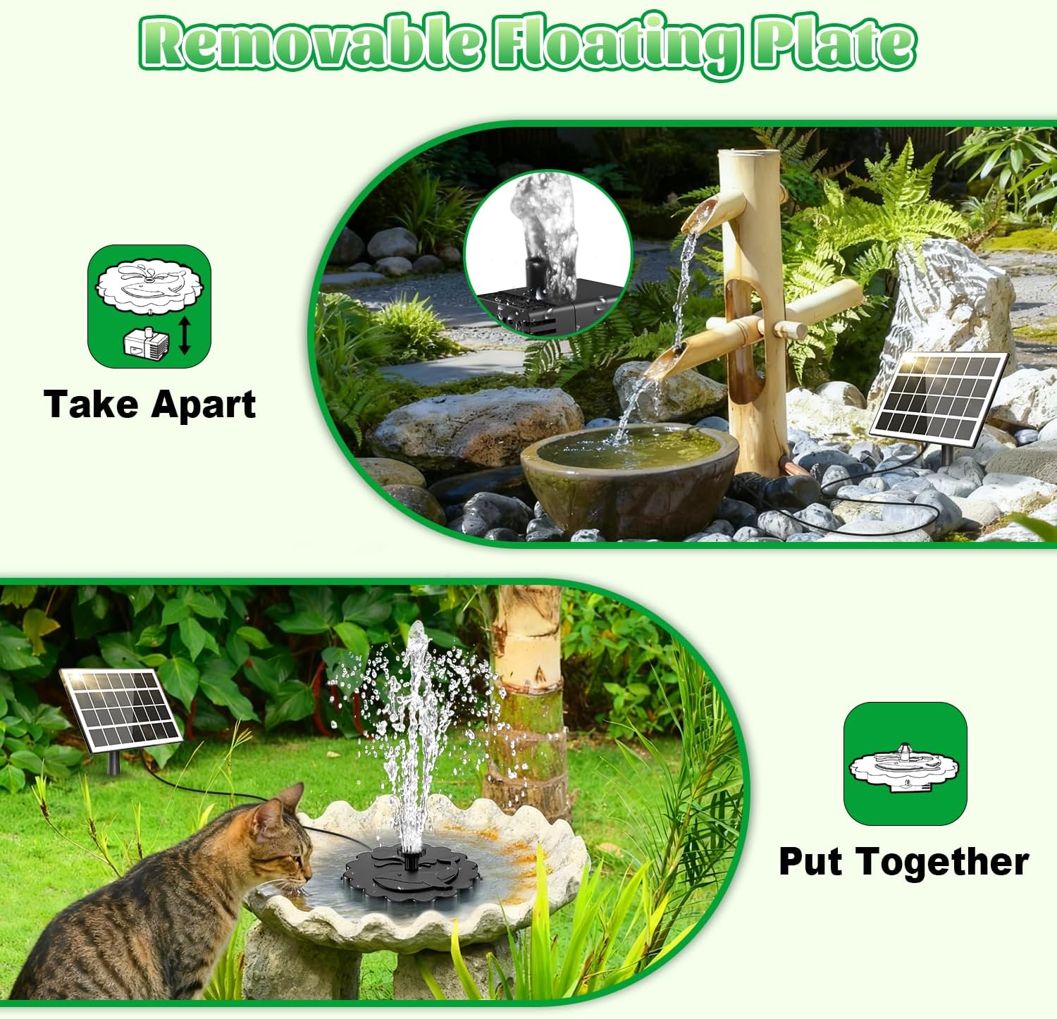 Jutai Detachable Floating Solar Fountain Kit -No Battery, DIY 3.5W Glass Solar Panel Water Pump Works in Shadow for Bird Bath, Water Feature,Garden, Outdoor-7 Nozzles,9.8ft Power Cord