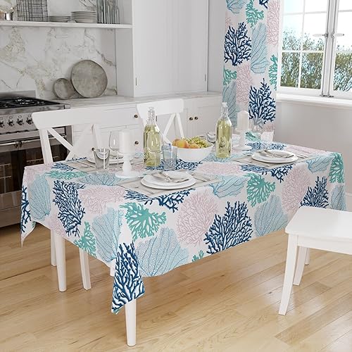 Miniatura 2 de Mantel rectangular náutico costero para exteriores, mantel con estampado de coral, diseño de playa, decorativo, impermeable, lavable, para comedor,