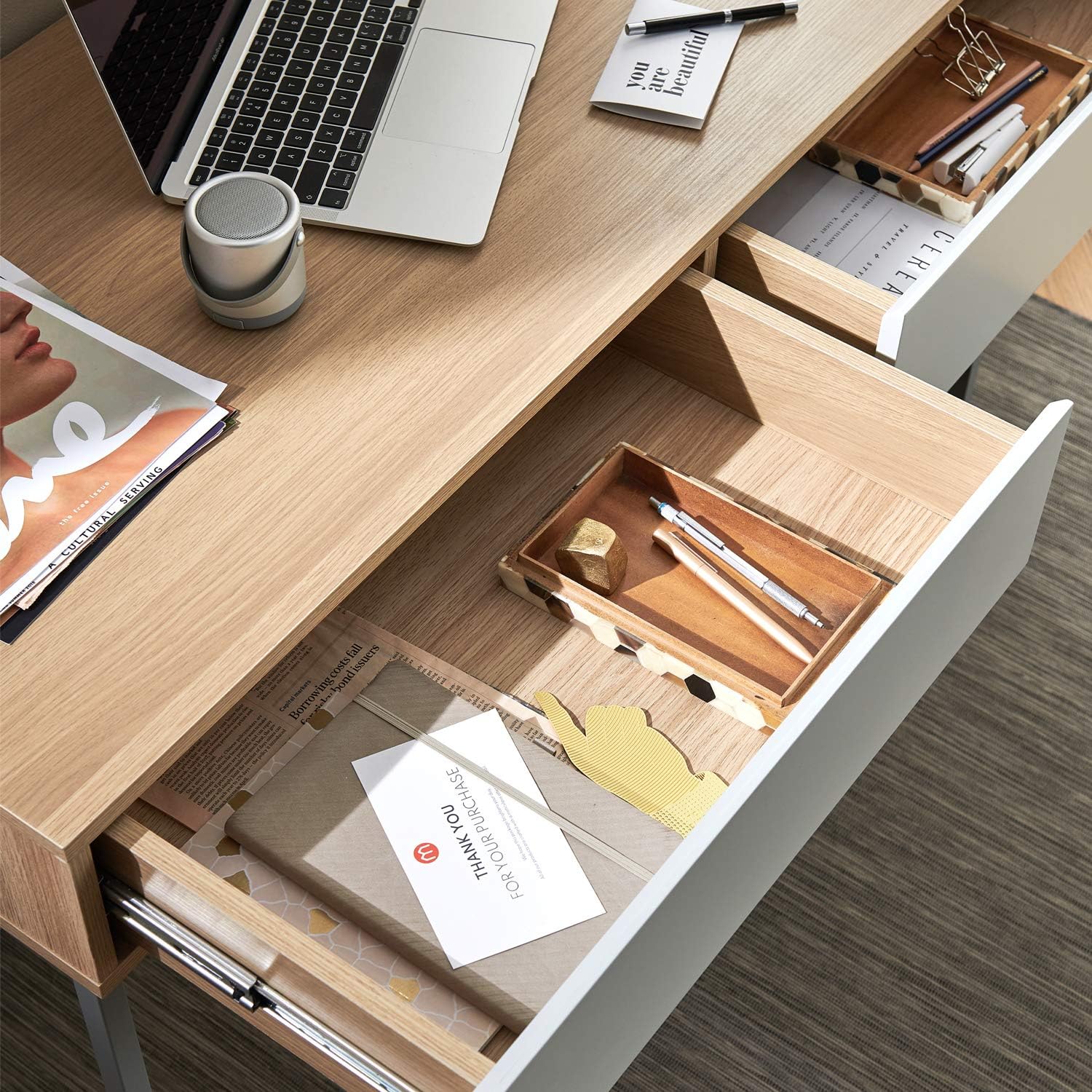 harmati Computer Desk with Drawers for Storage - 47 Inch Home Office Writing Desks for Bedrooms, Modern Simple Study Desk for Student (Oak/Light Grey)