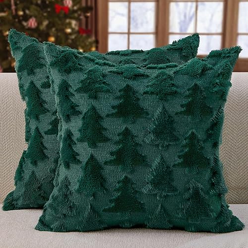 DFXSZ Christmas Pillow Covers 18x18 inch Set of 2 Green Christmas Tree Decoration Soft Plush Faux Fur Jacquard Throw Pillows for Bedroom Sofa Holiday Festivals Winter Home Decor PTK070A18