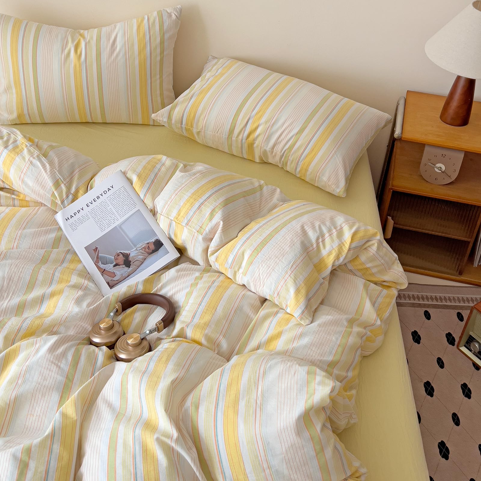 Yellow Striped Duvet Cover Set Washed Cotton,Queen(90"x90"),Yellow Stripes