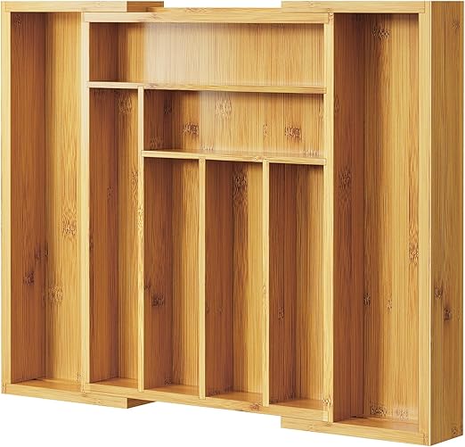 Pipishell Bamboo Expandable Silverware Drawer Organizer, Adjustable Kitchen Utensil Tray for Forks, Spoons and Knives