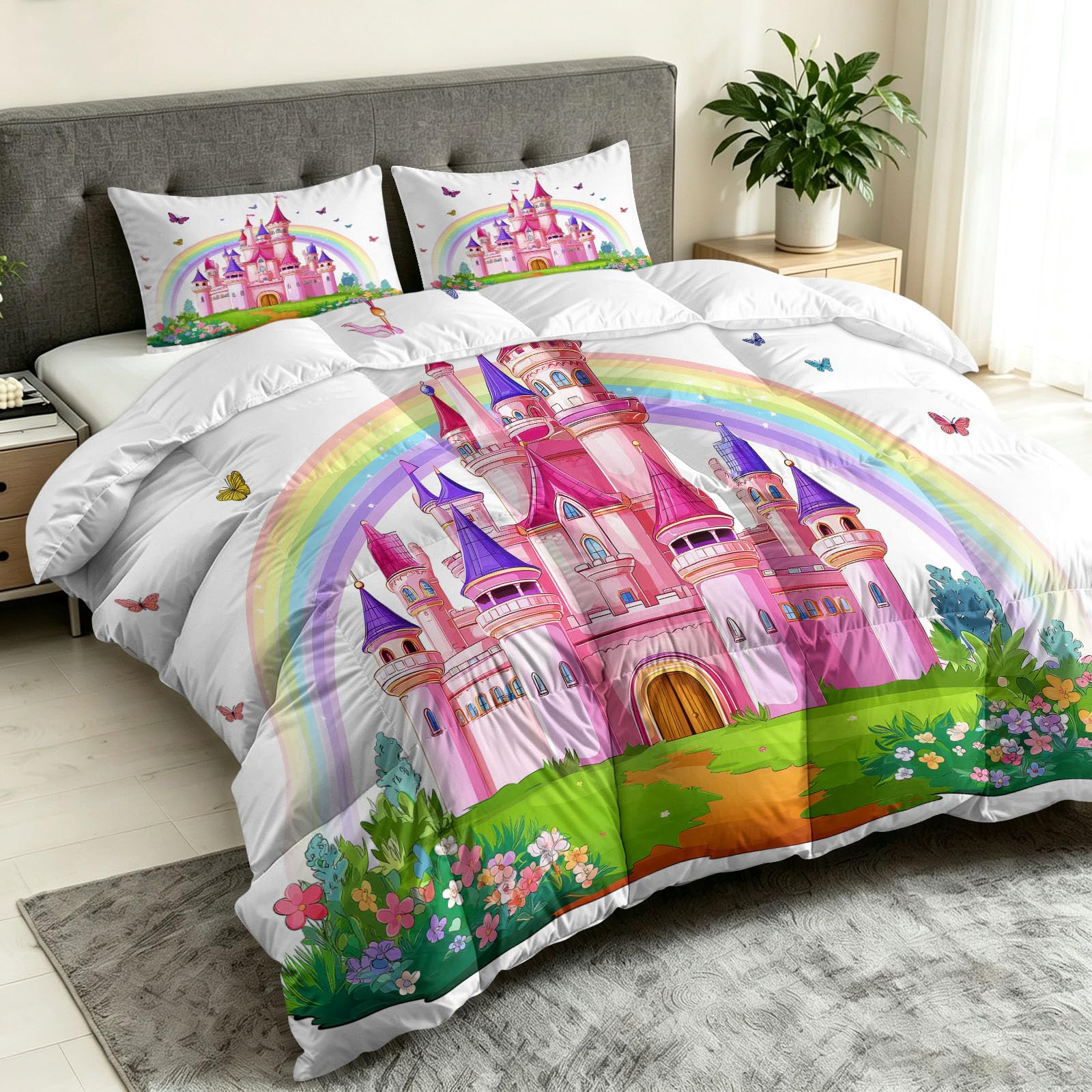 Edredón de 140 x 200 cm, diseño de castillo de arco iris, con mariposas, 1 persona, lavable, 4 estaciones, dibujos animados, suave e hipoalergénico, reversible sin fundas, con 2 fundas de almohada de